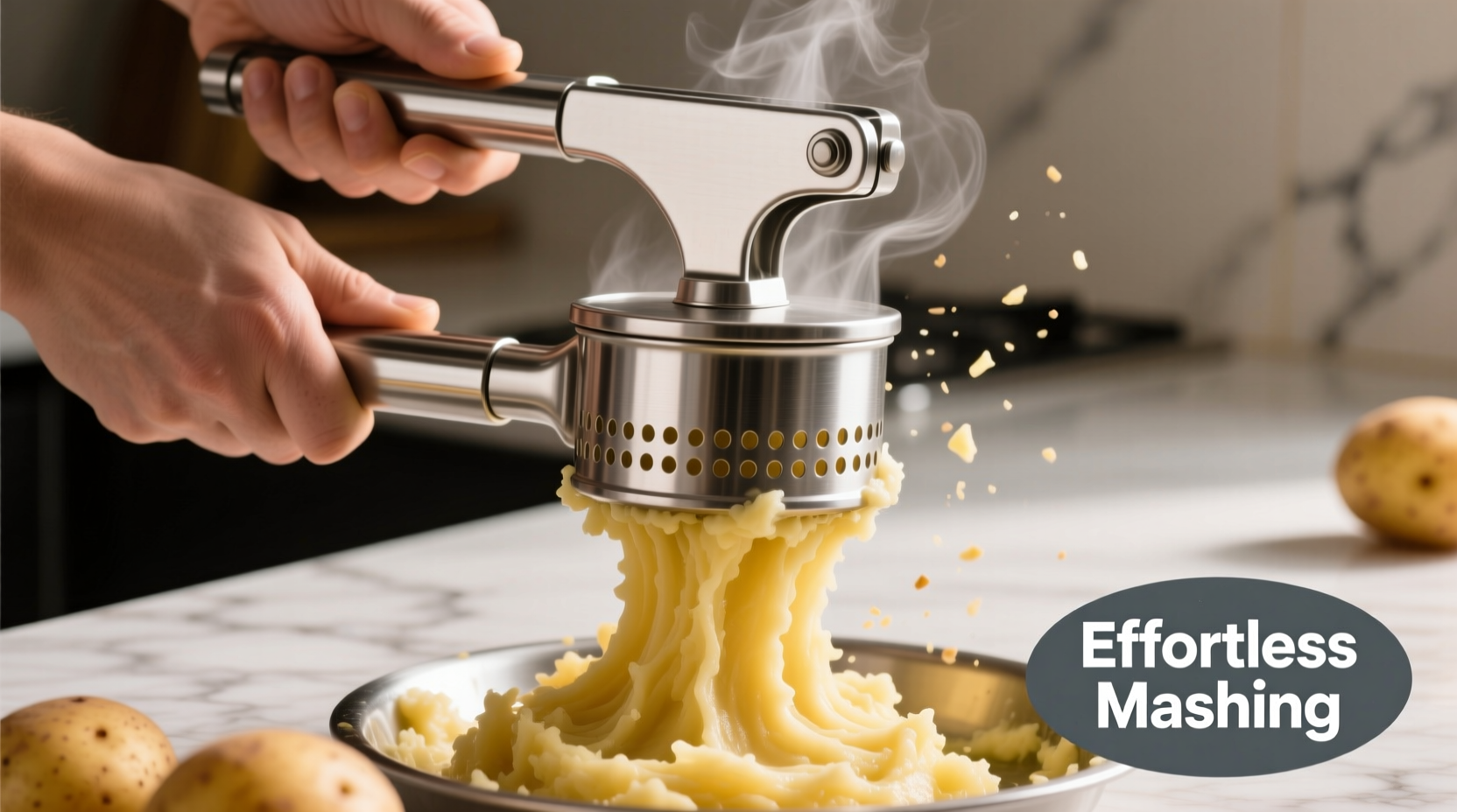 Stainless steel potato ricer pressing mashed potatoes