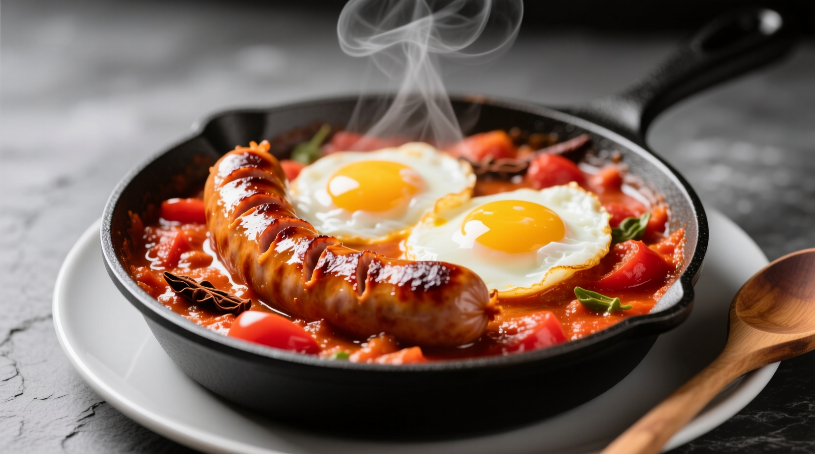Cajun sausage in shakshuka with tomatoes and poached eggs