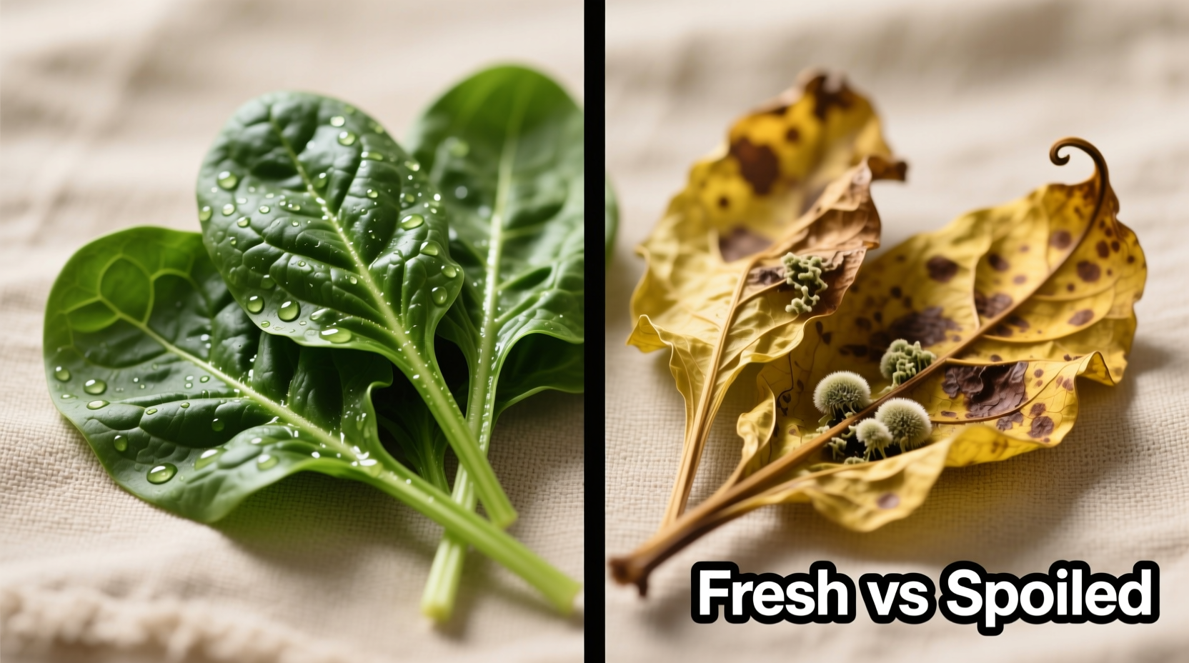 Close-up of fresh versus spoiled spinach leaves