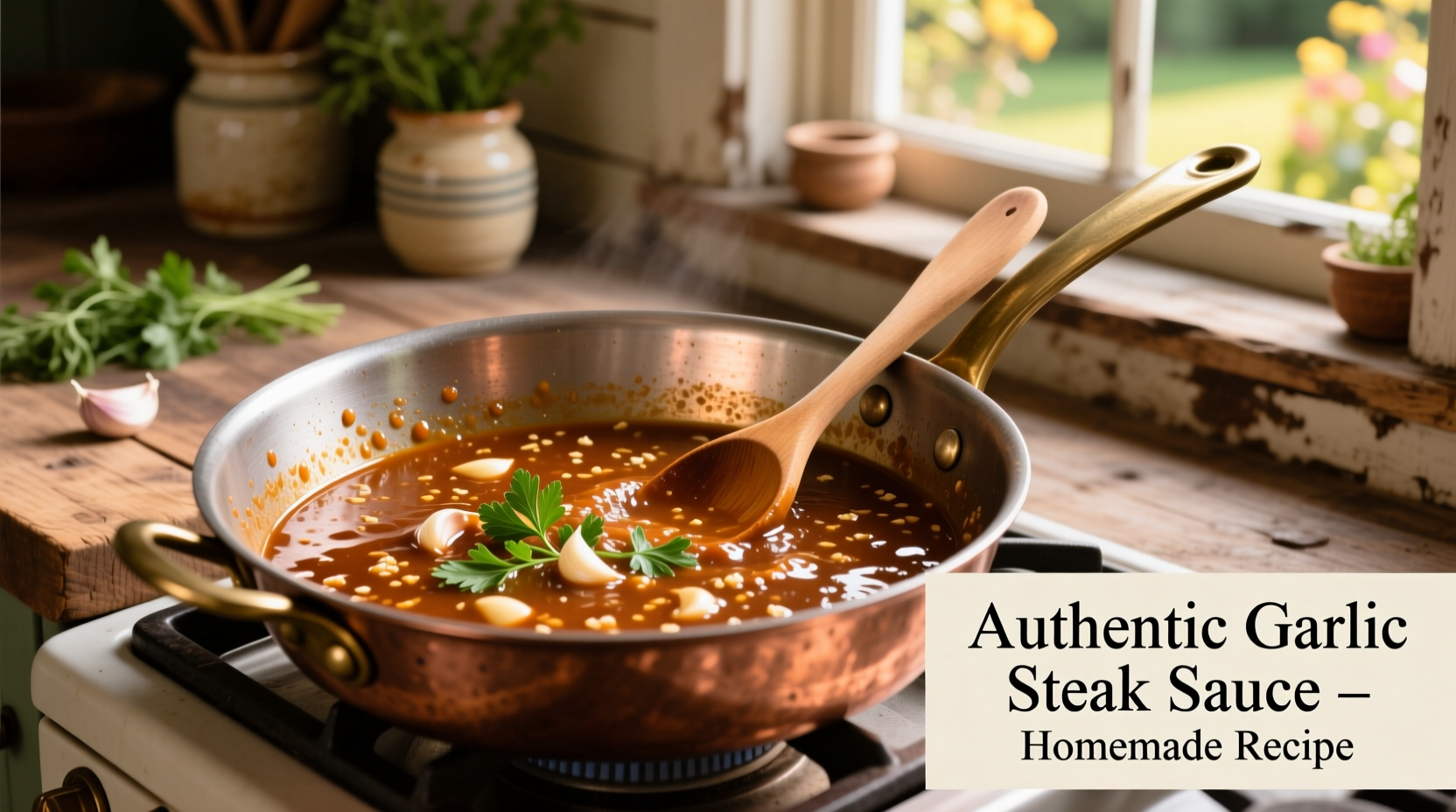 Homemade garlic steak sauce in copper pan
