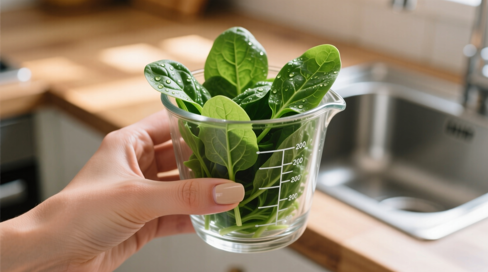 Hand holding measuring cup with fresh spinach leaves