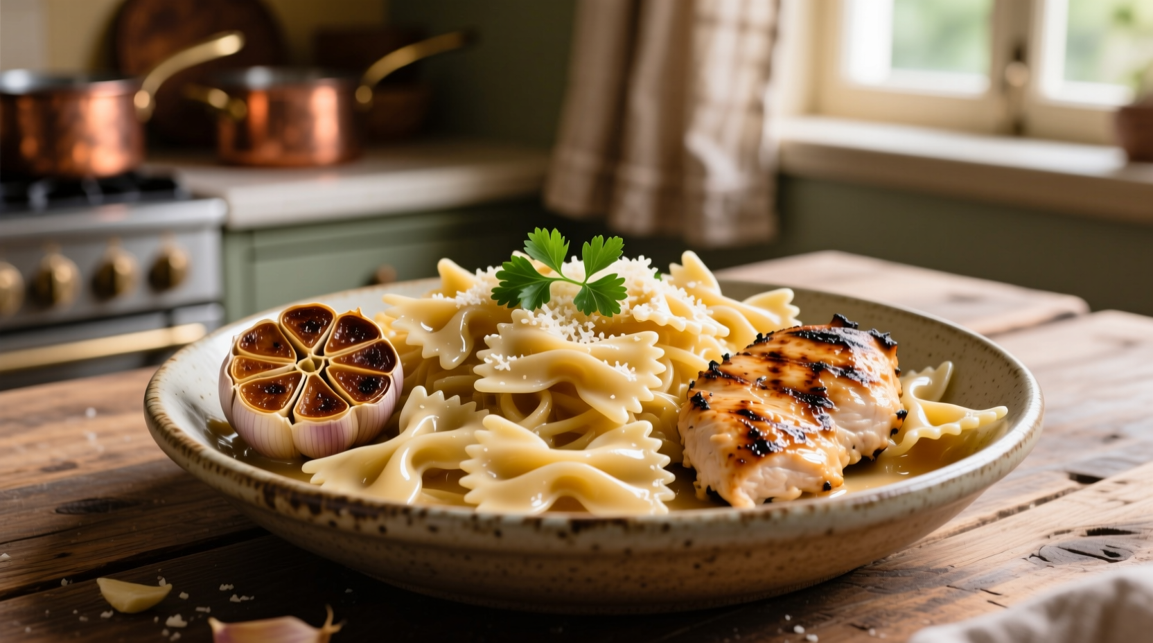 Creamy farfalle pasta with chicken and roasted garlic