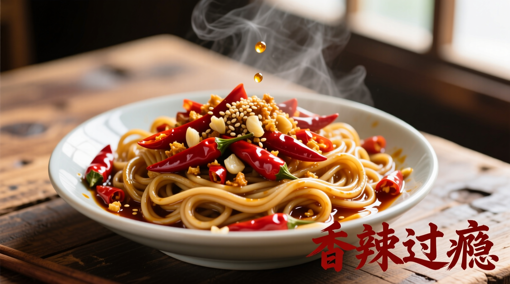 Freshly cooked chilli garlic noodles with vibrant red chillies and garlic