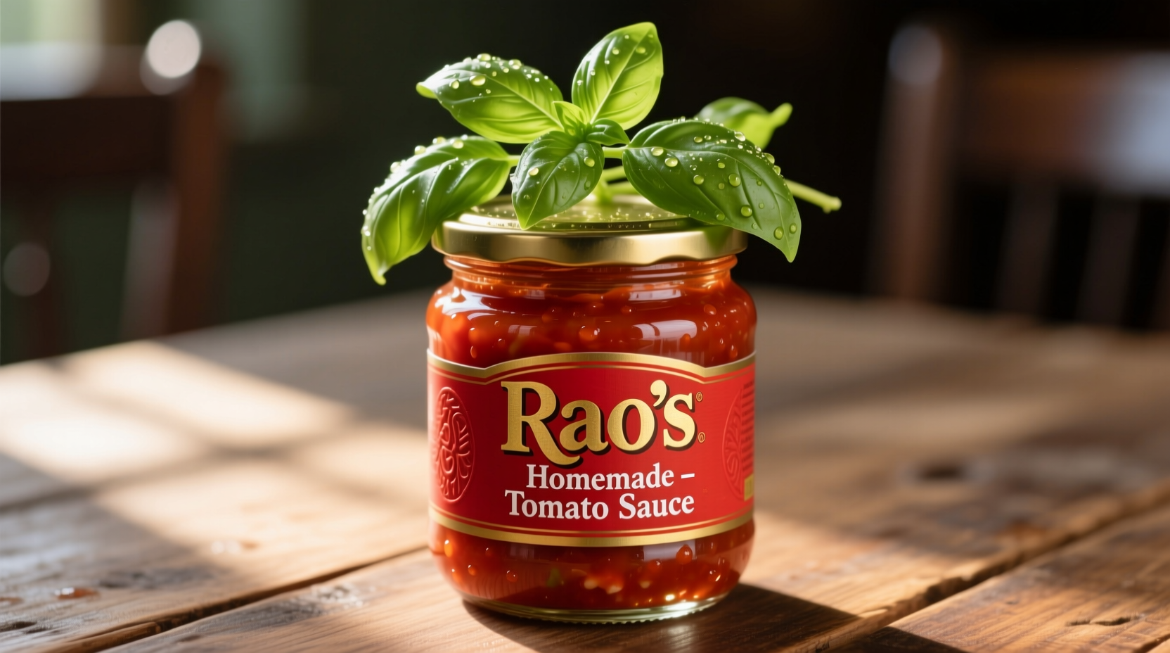 Rao's tomato sauce jar with fresh basil garnish