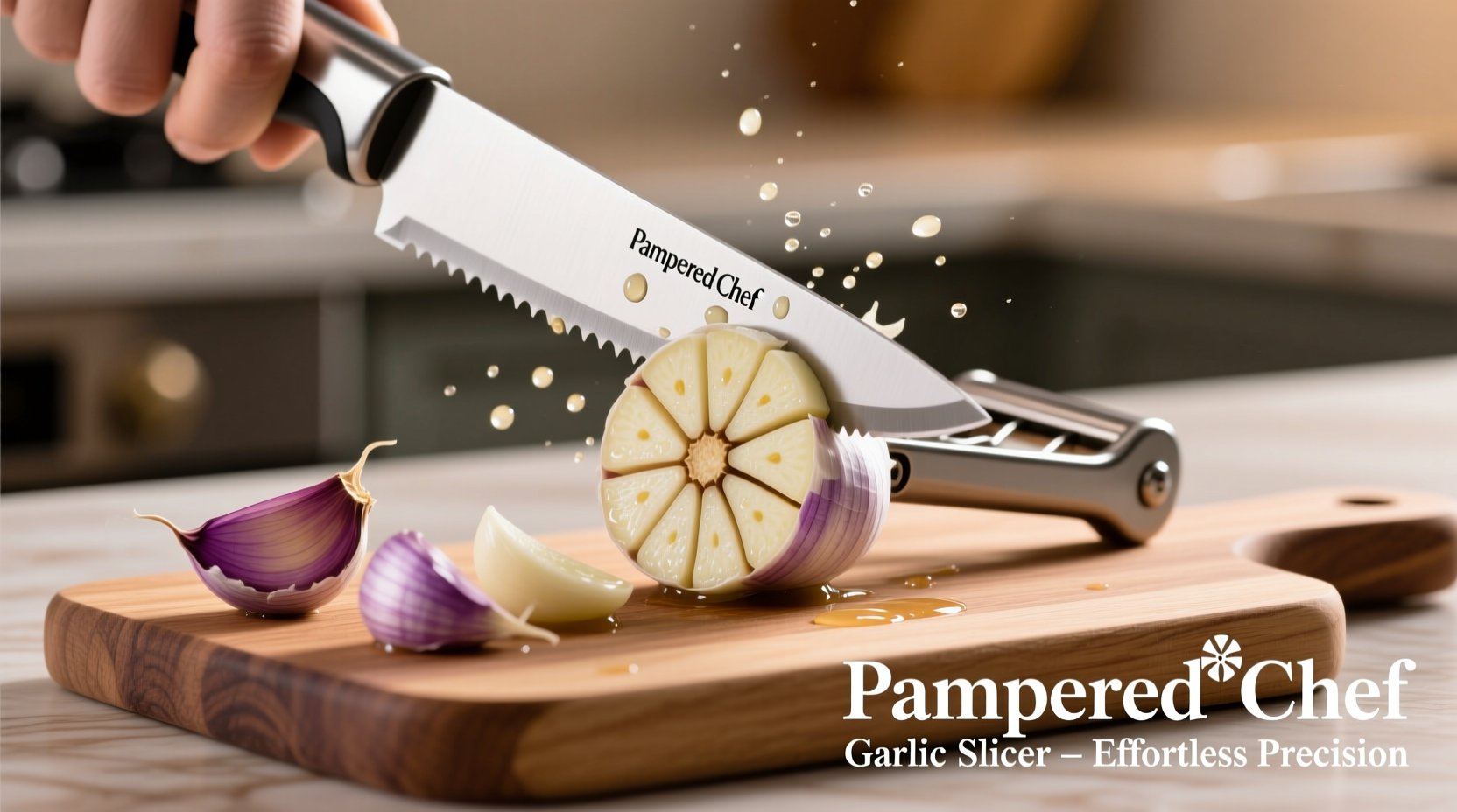 Pampered Chef Garlic Slicer in action with fresh garlic