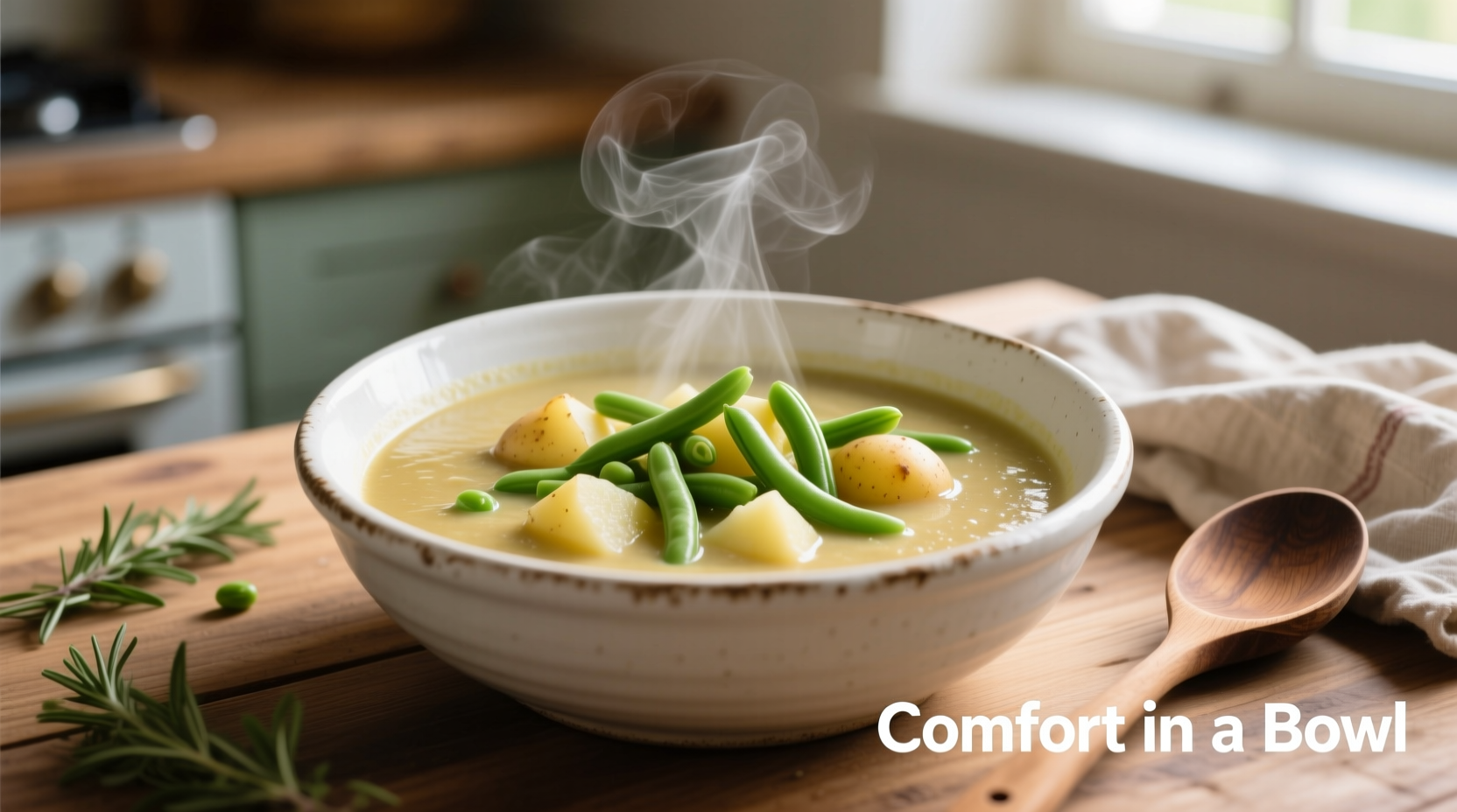 Creamy green bean and potato soup in white bowl