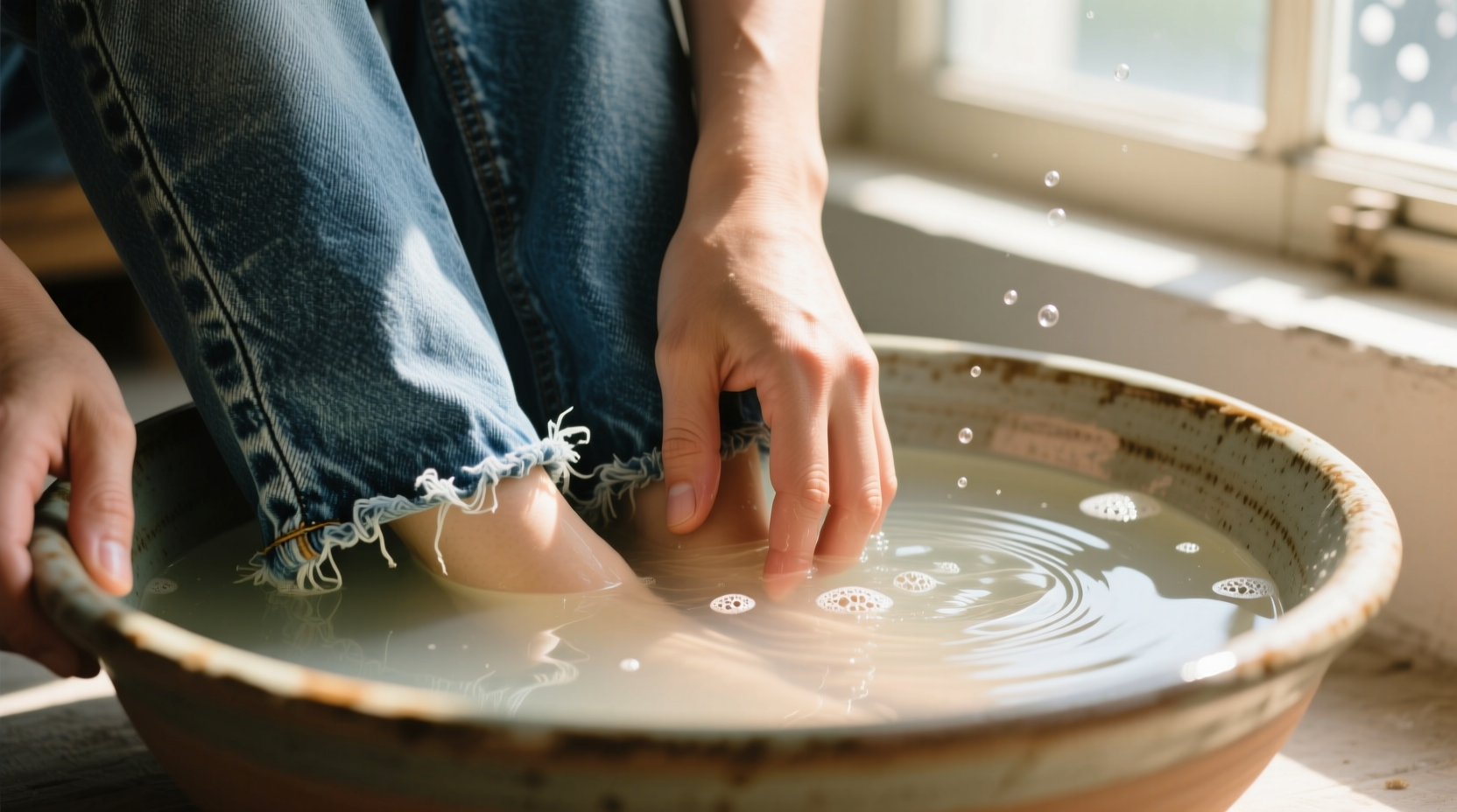 Close-up of hands gently squeezing vintage denim legs submerged in clear, slightly hazy liquid in a ceramic basin; natural light, no bubbles or foam present