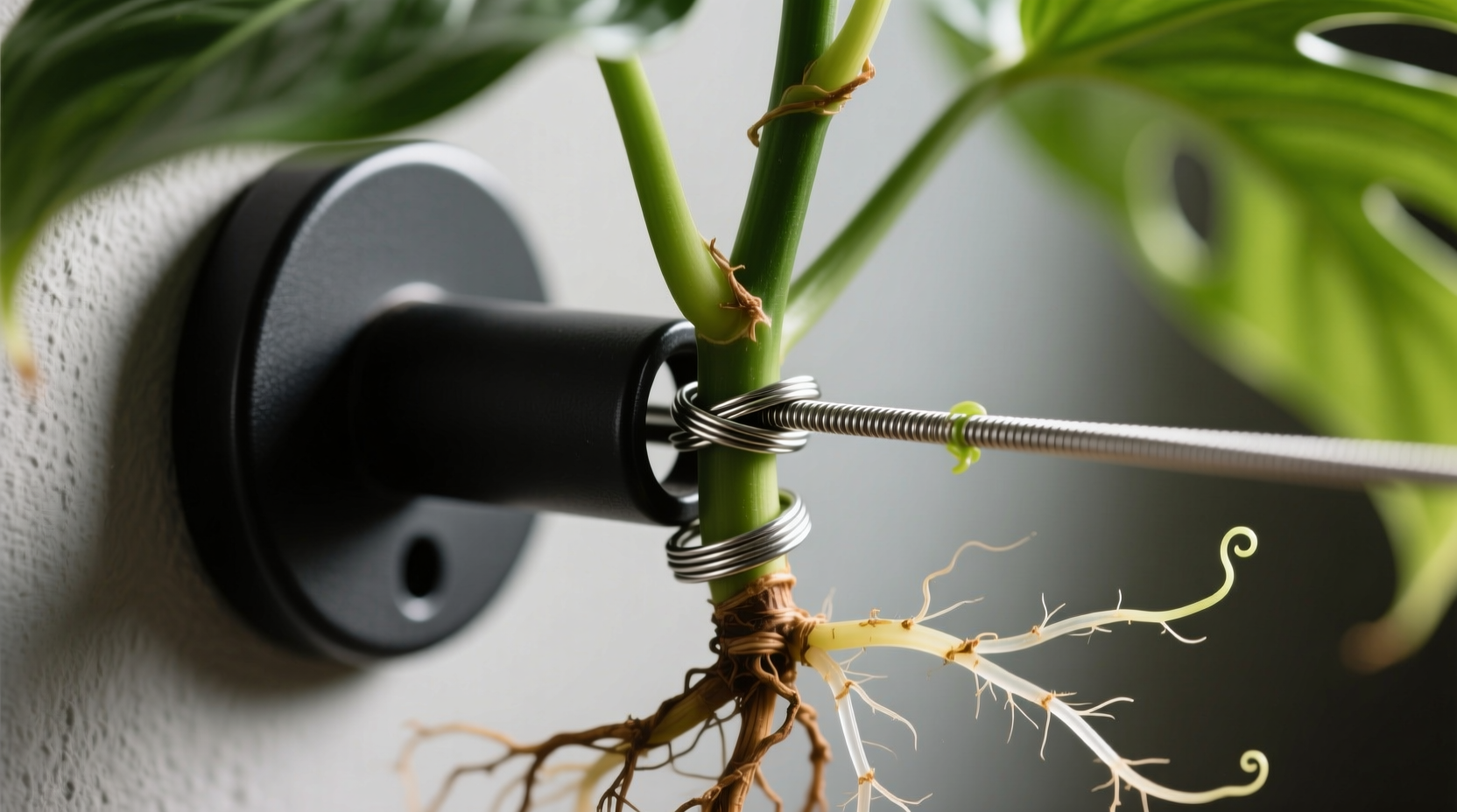 Close-up photo showing a slender nickel-plated guitar string gently looped around a philodendron stem at a node, anchored to a matte black wall hook, with healthy aerial roots beginning to adhere to the string surface