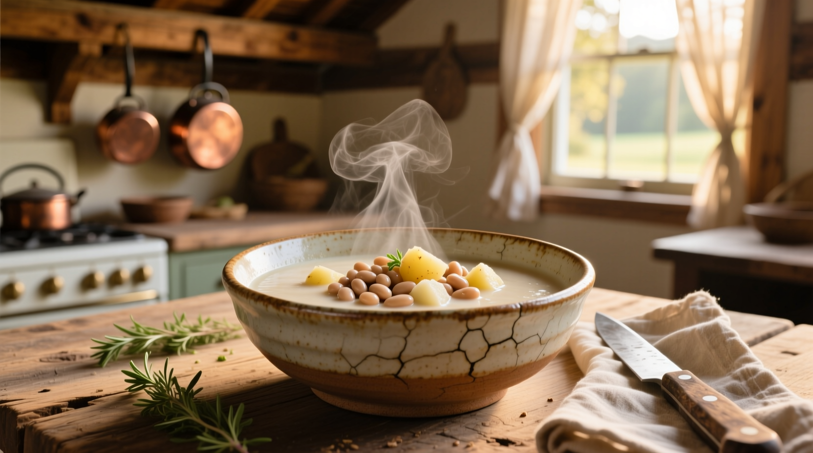 Creamy white bean potato soup in rustic bowl