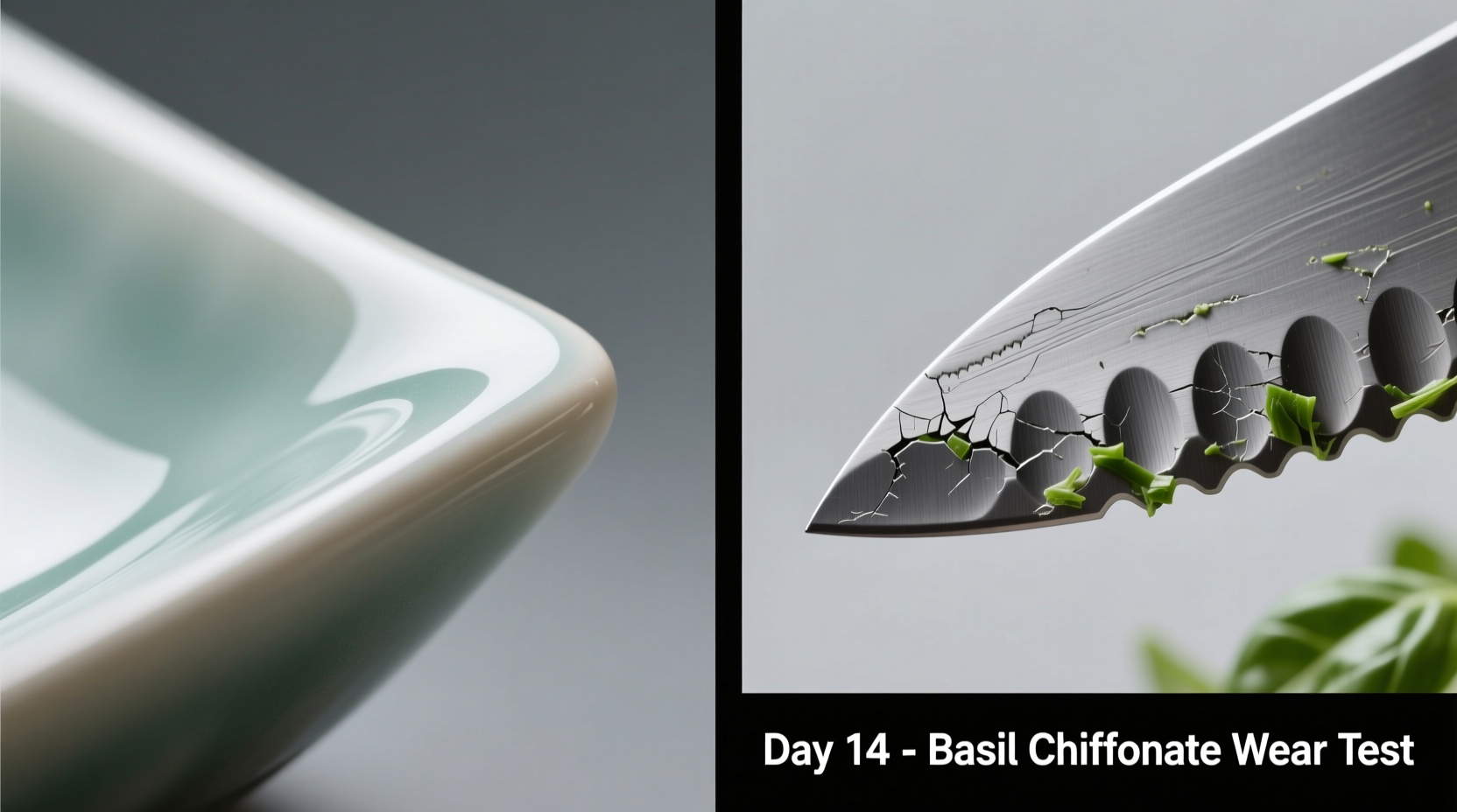 Side-by-side macro photo showing undamaged ceramic edge versus micro-serration formation on santoku steel after 14 days of daily basil chiffonade