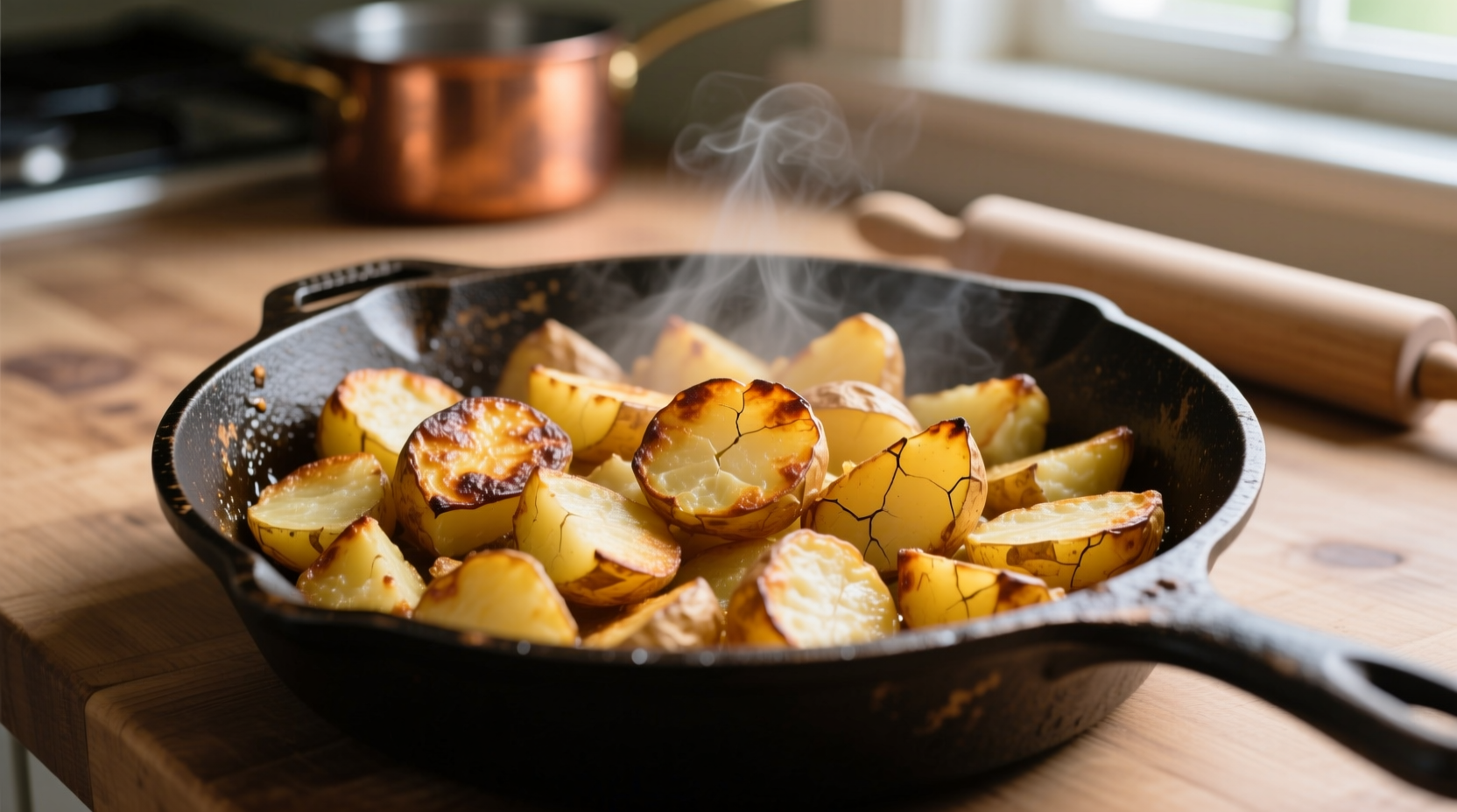 Crispy golden hash brown potatoes in cast-iron skillet