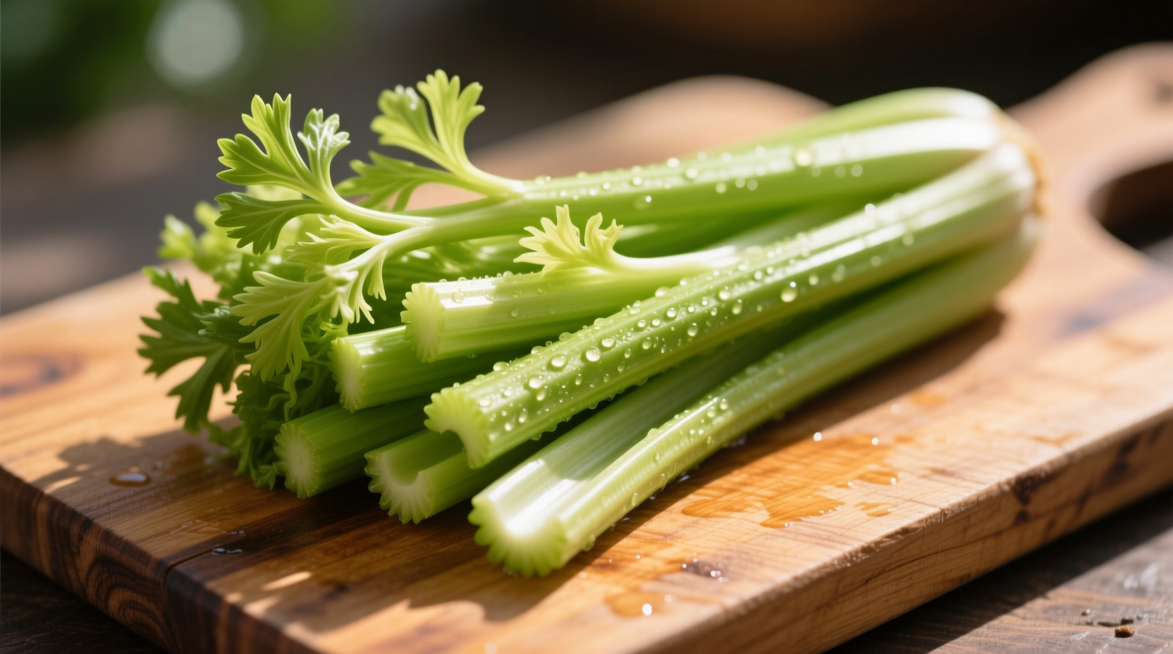 Fresh celery stalks on wooden cutting board