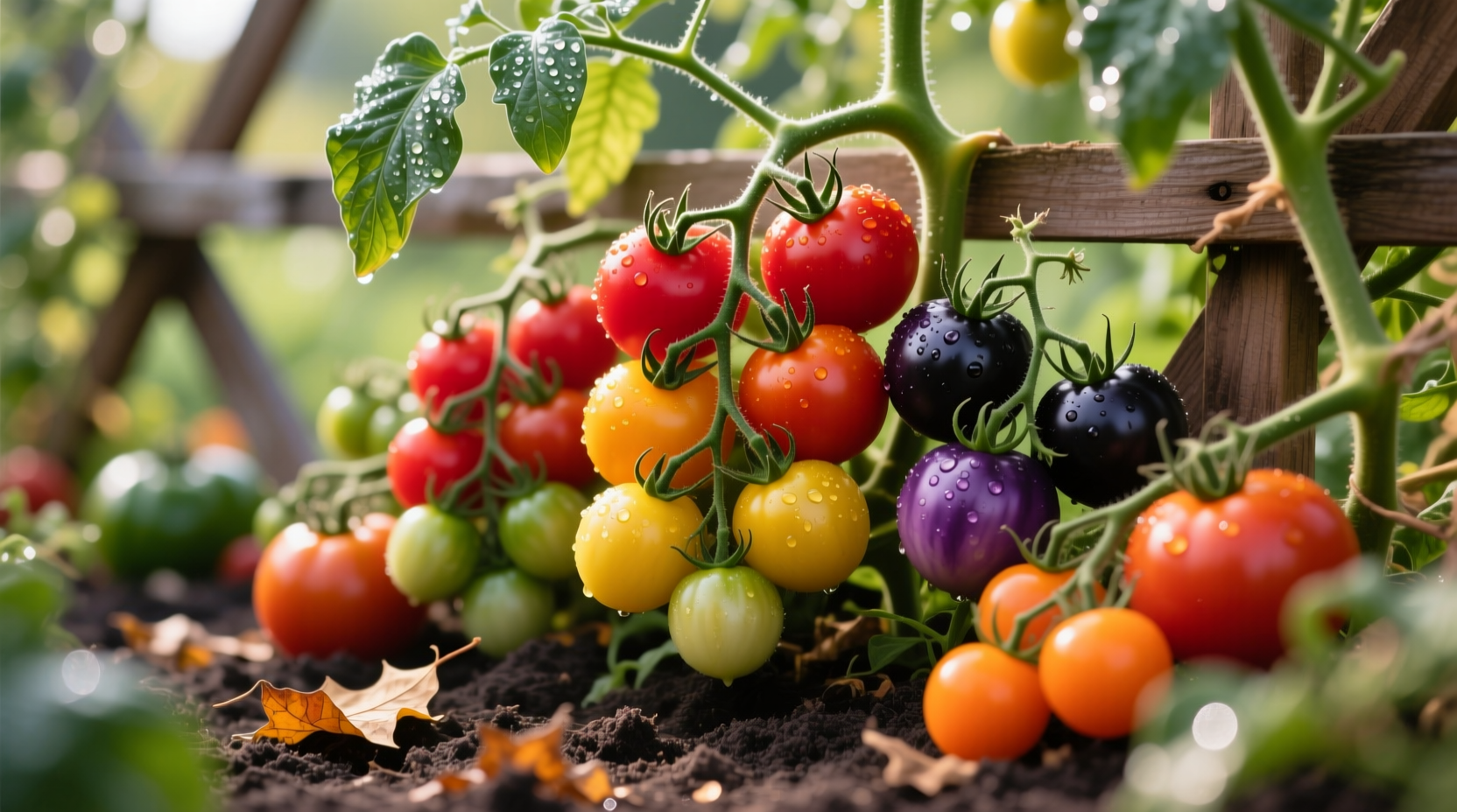 Colorful assortment of different tomato varieties on vine