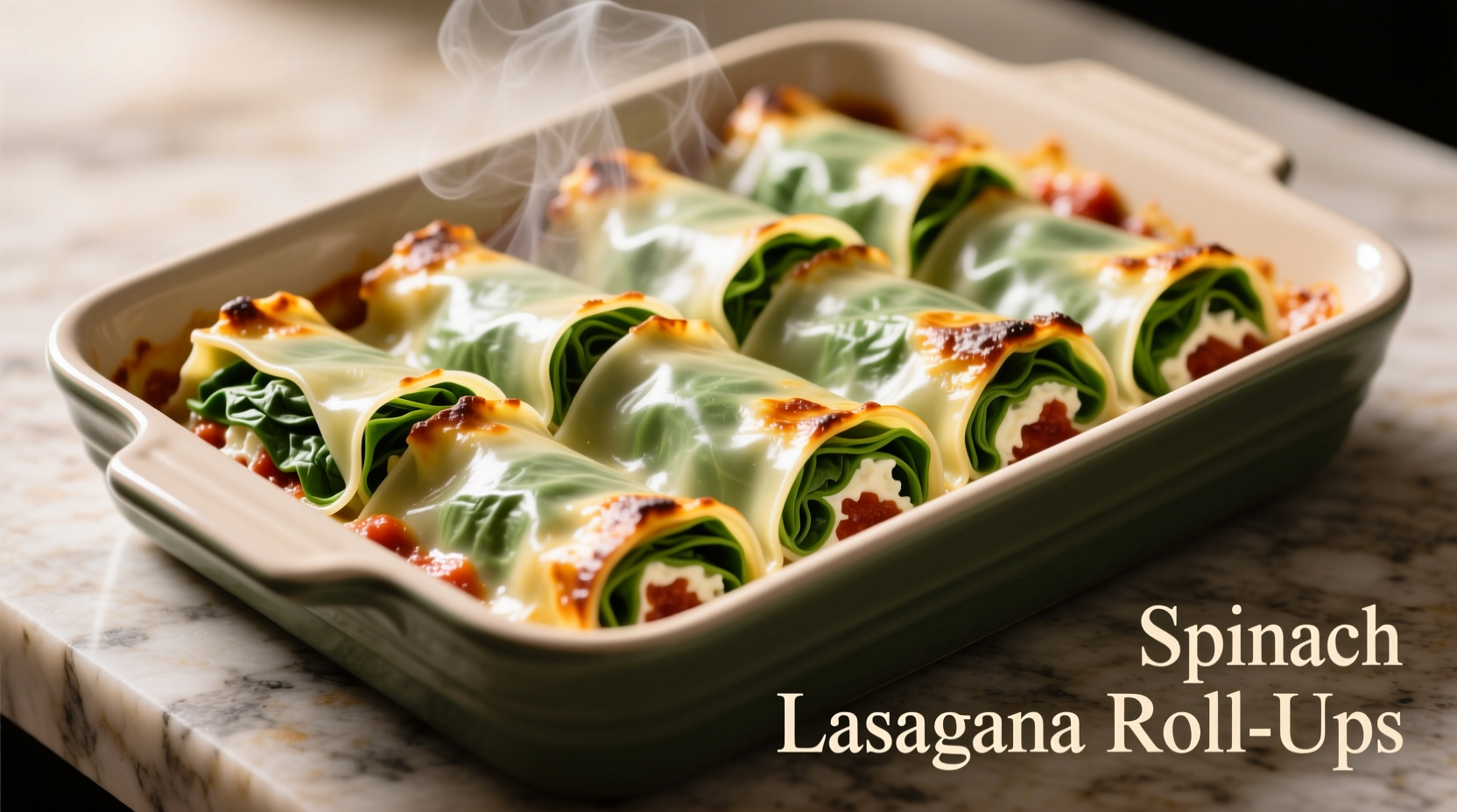 Spinach lasagna roll ups arranged in baking dish