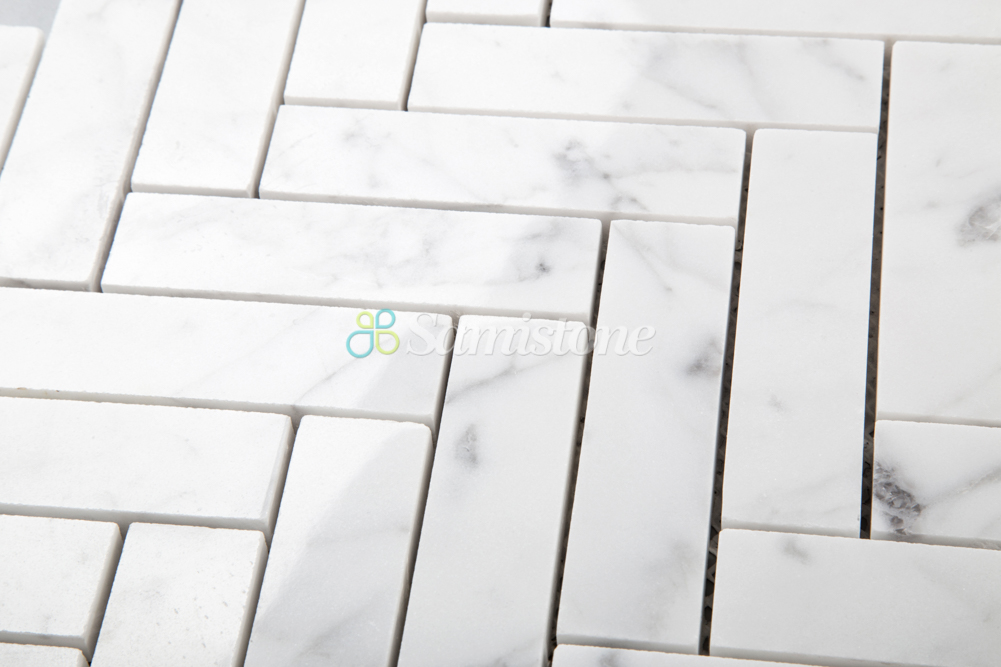 Samistone 1"x4" White Carrara Marble Tile Mosaic Herringbone Mosaic Bathroom Floor Tile