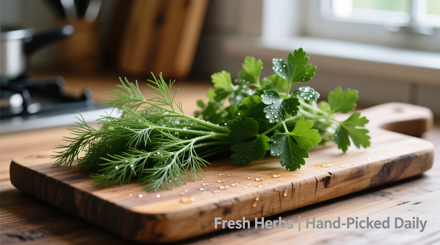 Fresh dill and parsley side by side on wooden cutting board