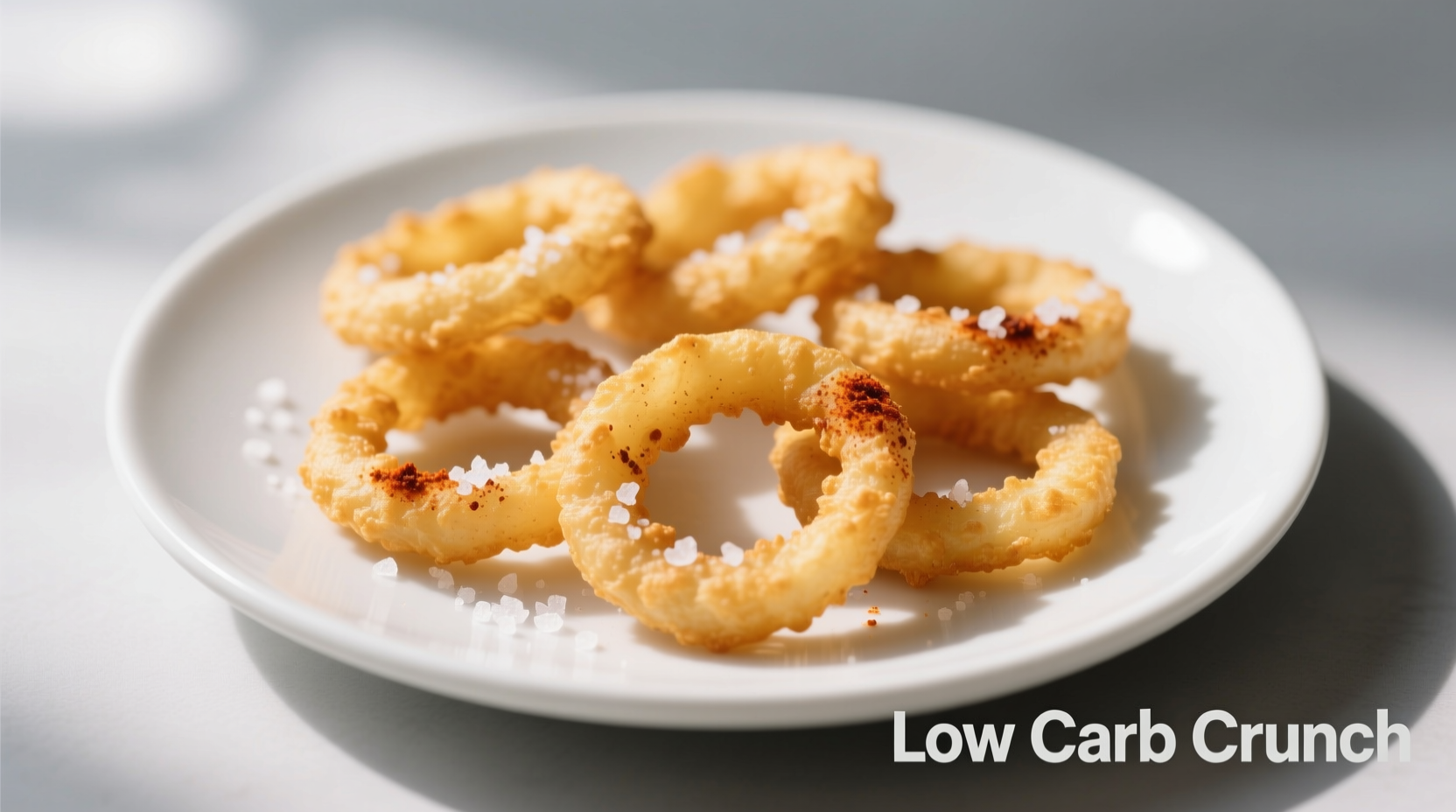 Crispy golden low carb onion rings on white plate