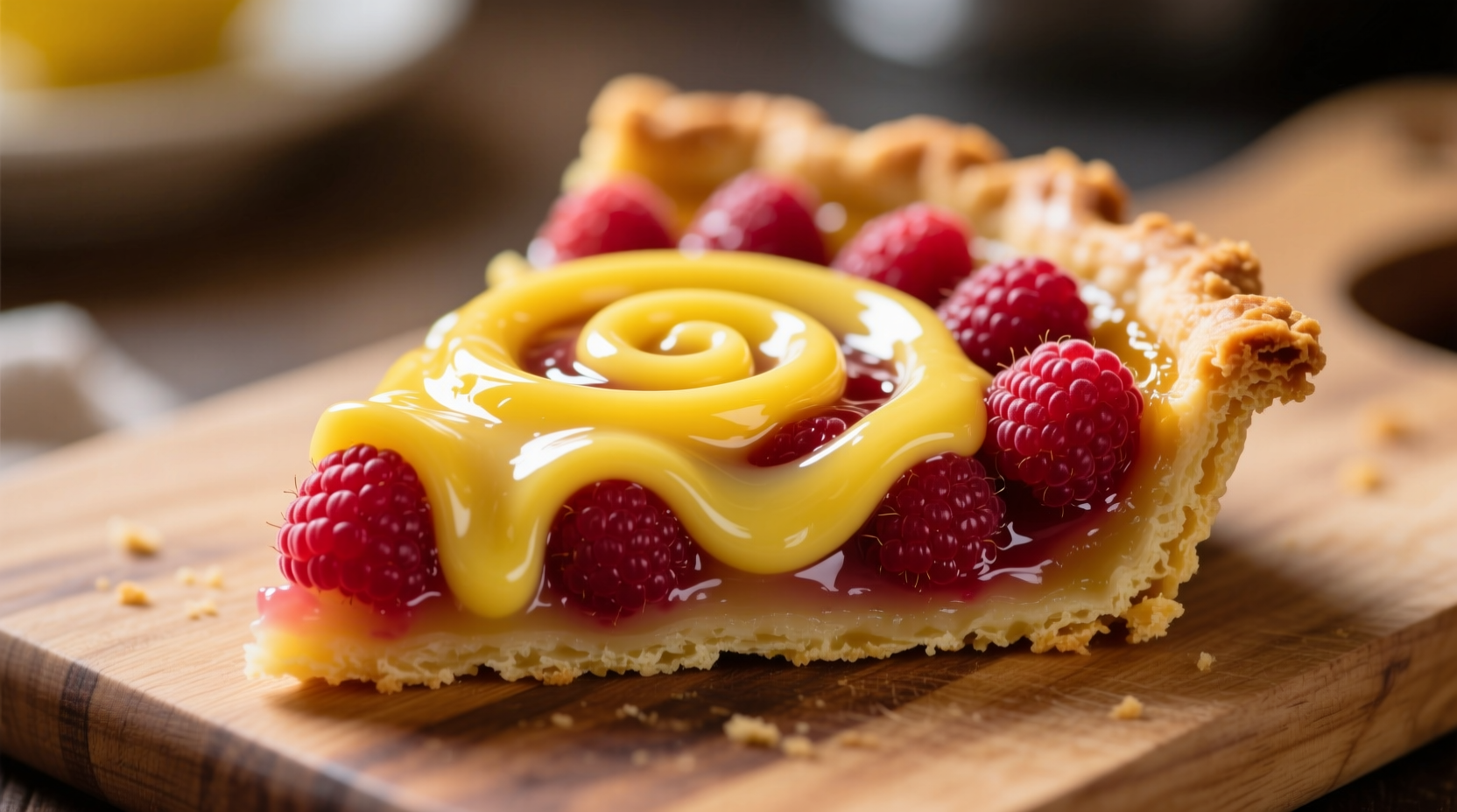 Lemon pie slice with vibrant raspberry swirl pattern in filling