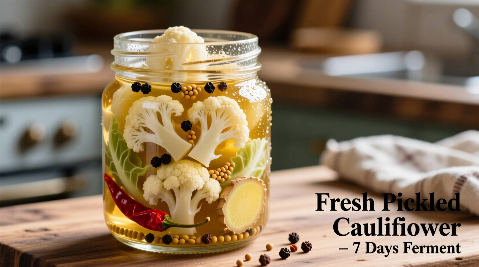 Fresh pickled cauliflower in glass jar with spices