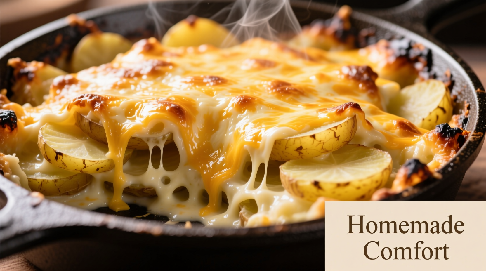 Golden baked cheesy potato casserole with melted cheese topping