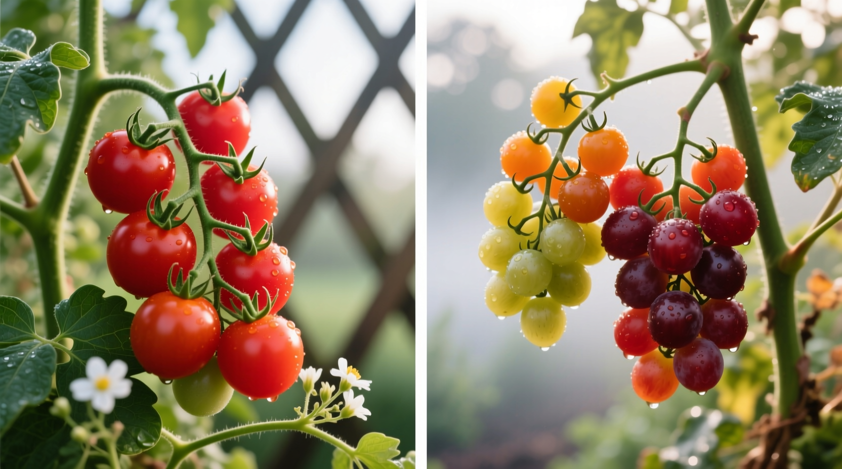 Side-by-side comparison of cherry and grape tomatoes on vine