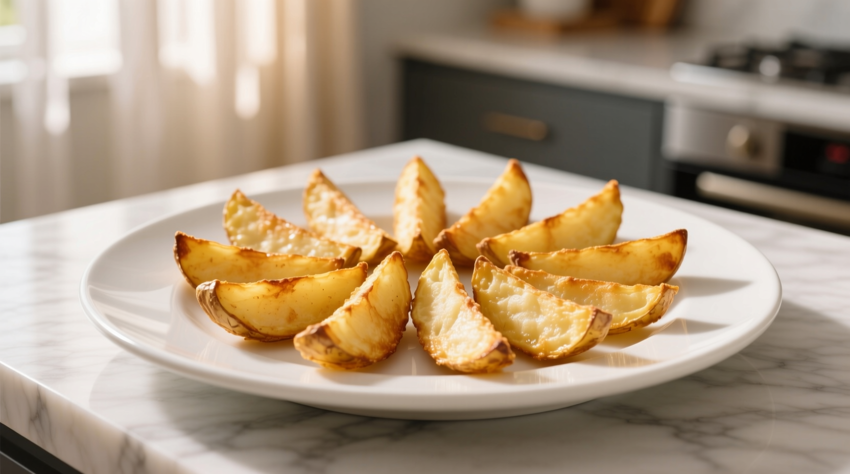 Perfectly golden air fried potato wedges on white plate