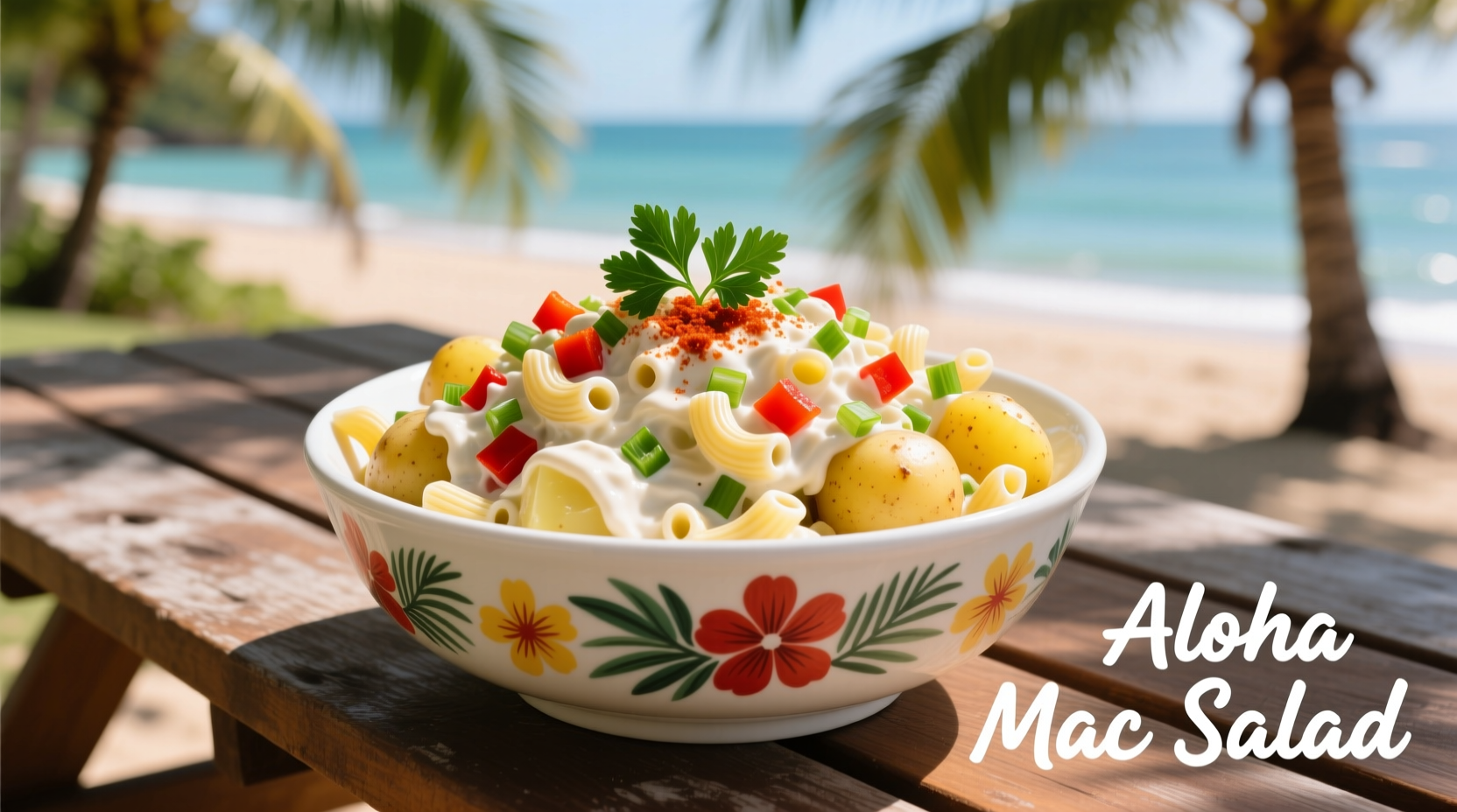 Hawaiian potato mac salad in traditional serving bowl