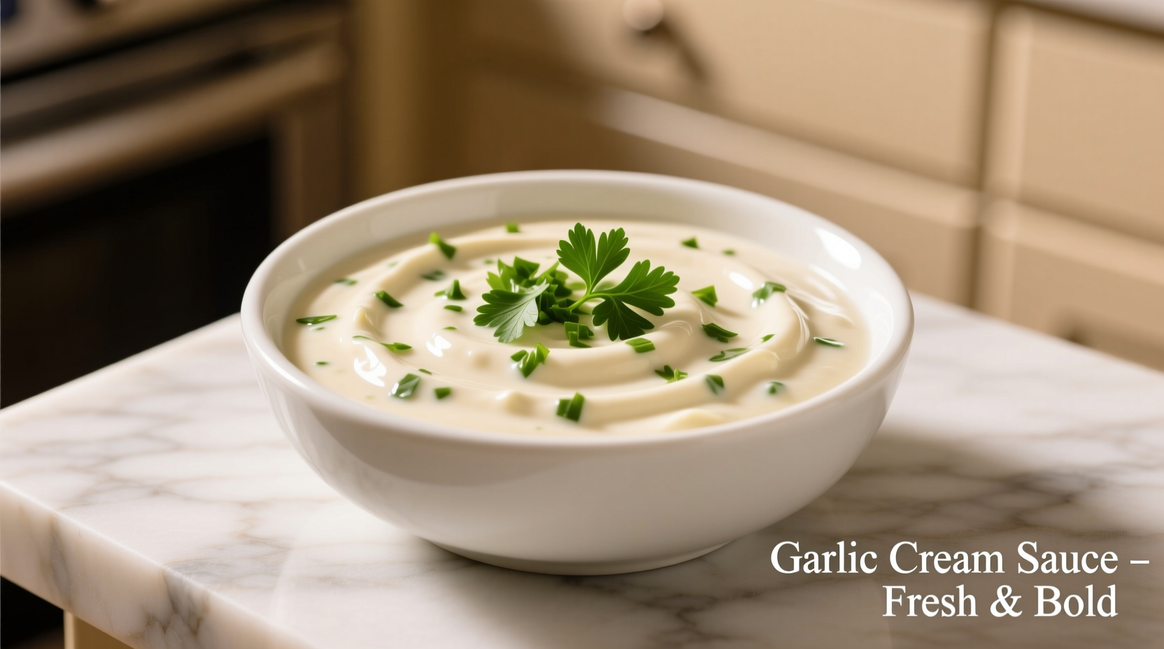 Creamy garlic sauce in white bowl with fresh parsley