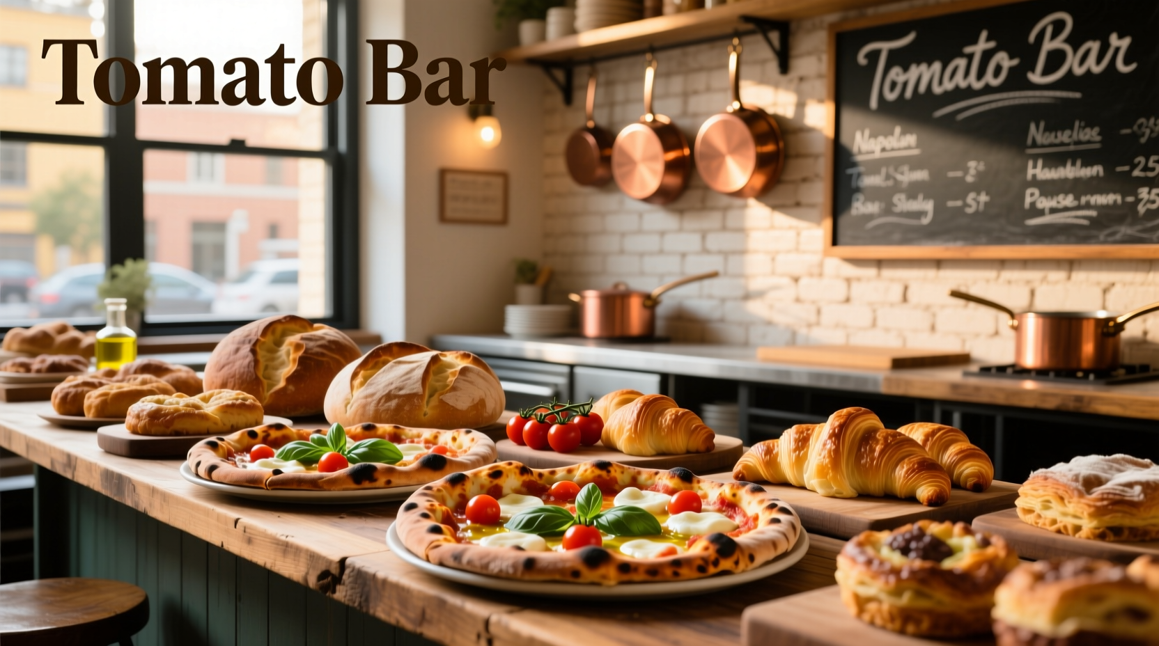 Artisan pizza and fresh baked goods displayed at Tomato Bar