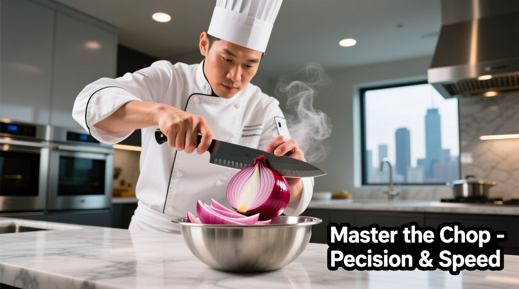 Professional chef demonstrating proper red onion chopping technique