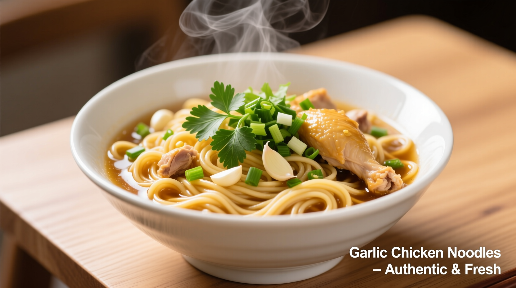 Chicken garlic noodles in white bowl with fresh herbs