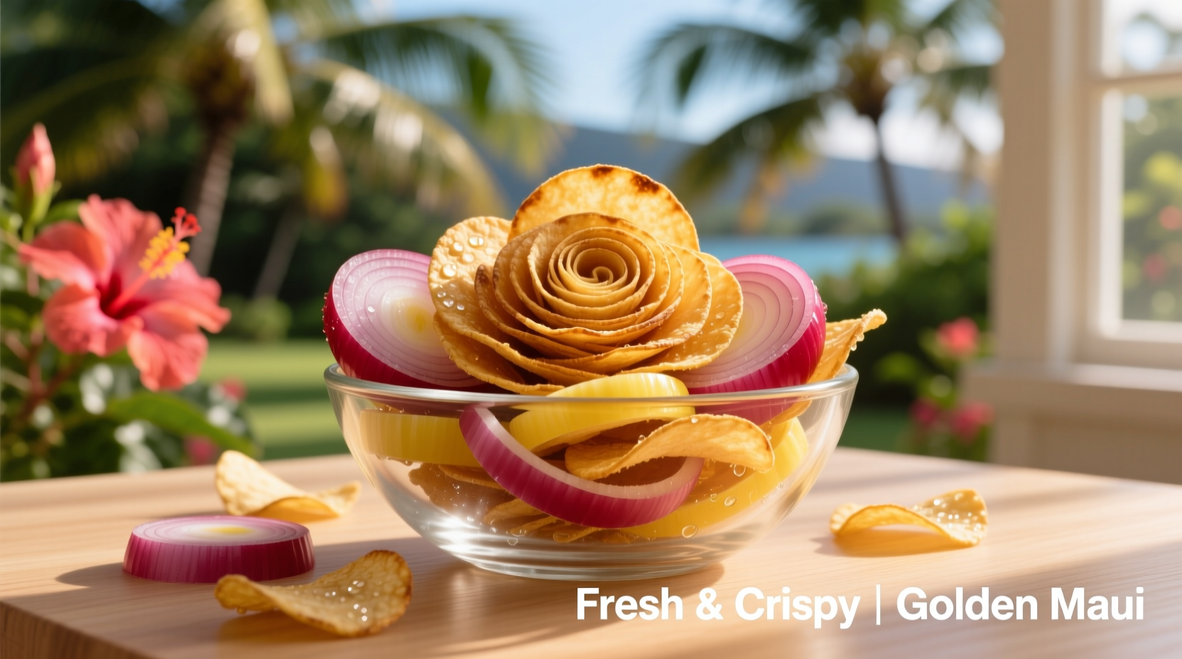 Golden Maui onion chips in a glass bowl with fresh onions