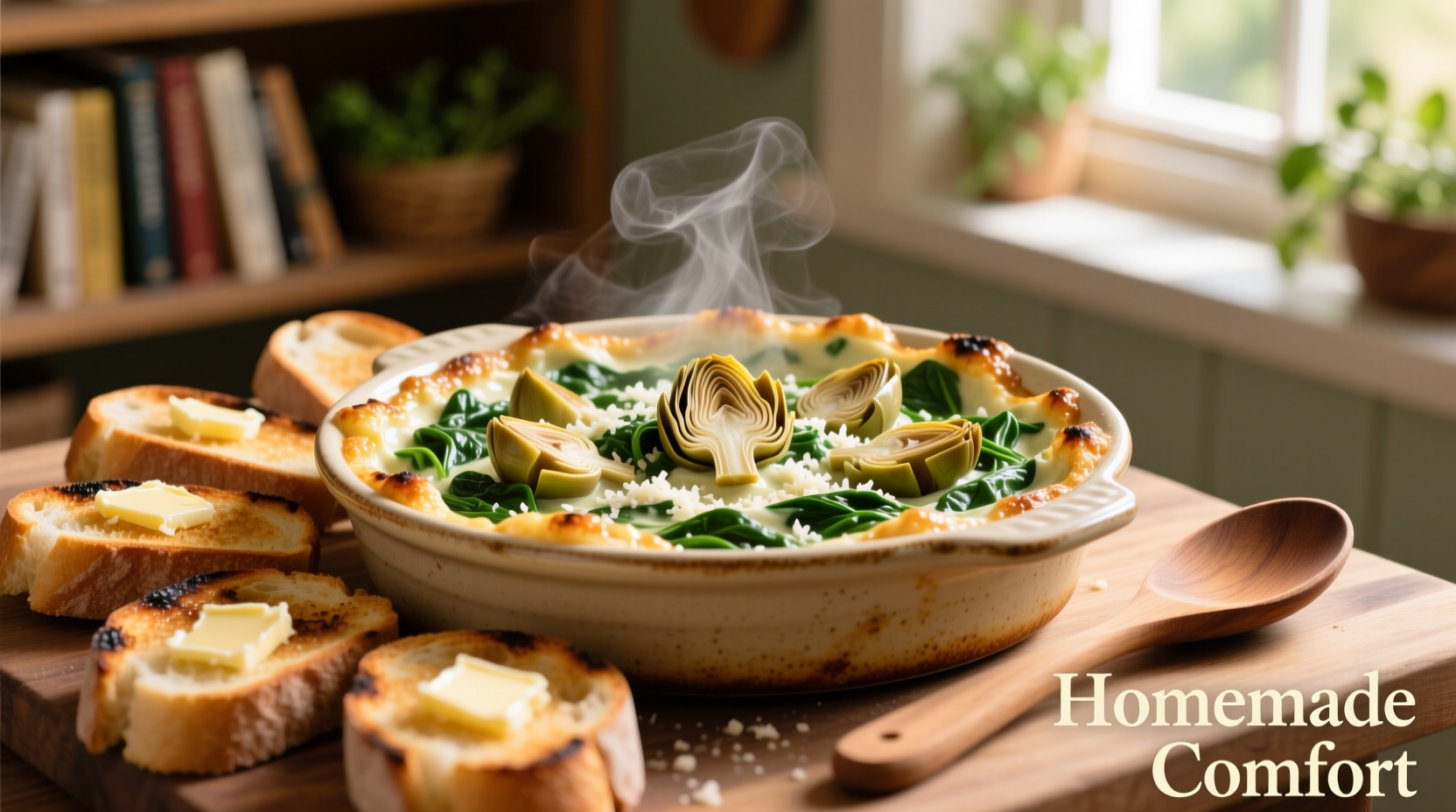 Creamy spinach artichoke dip in baking dish with toasted bread slices