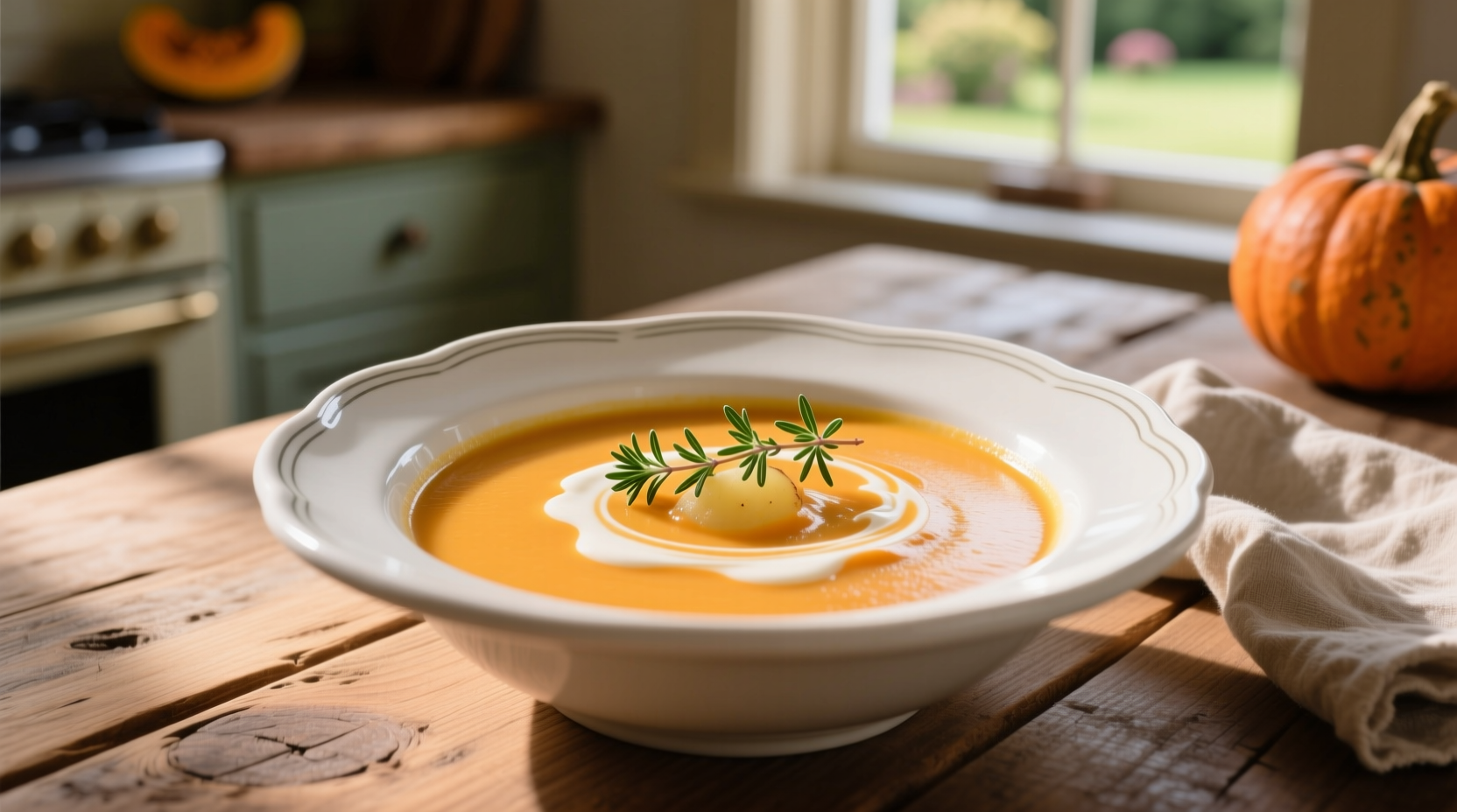Creamy butternut squash and potato soup in white bowl