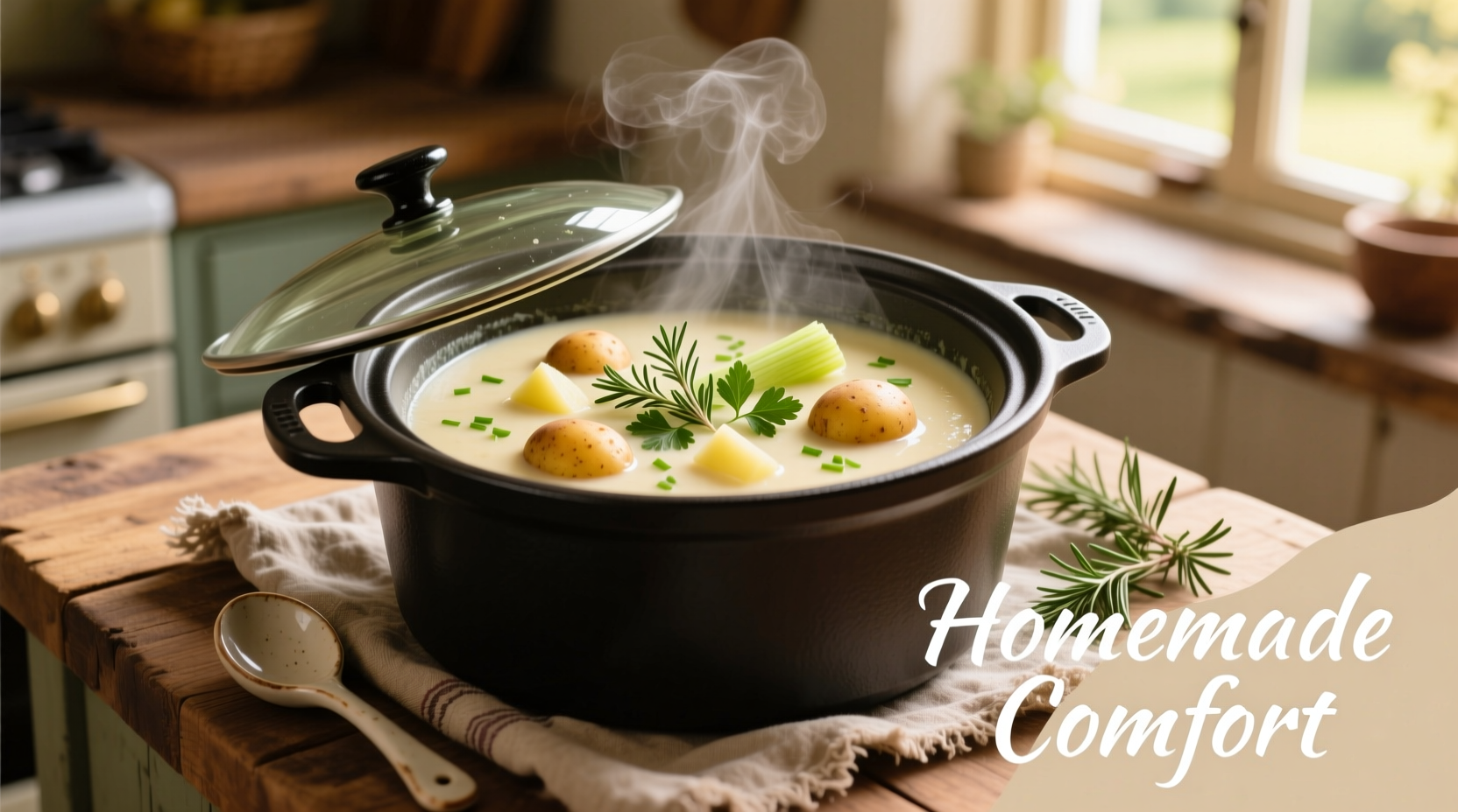 Creamy potato soup in slow cooker with fresh herbs