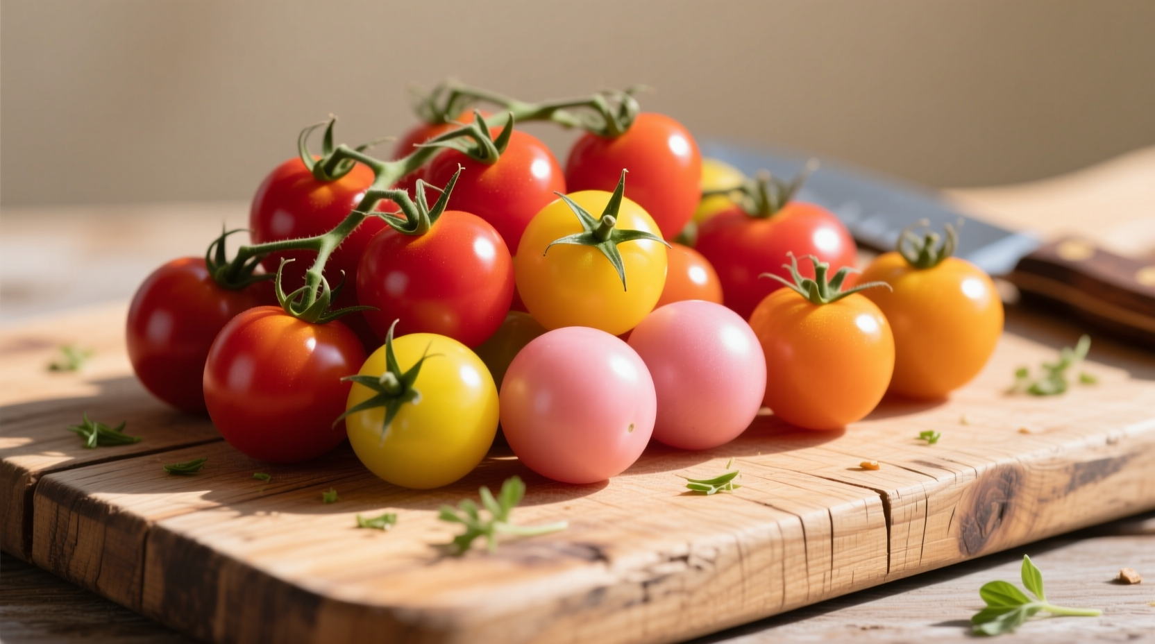 Colorful assortment of cherry tomatoes on wooden cutting board