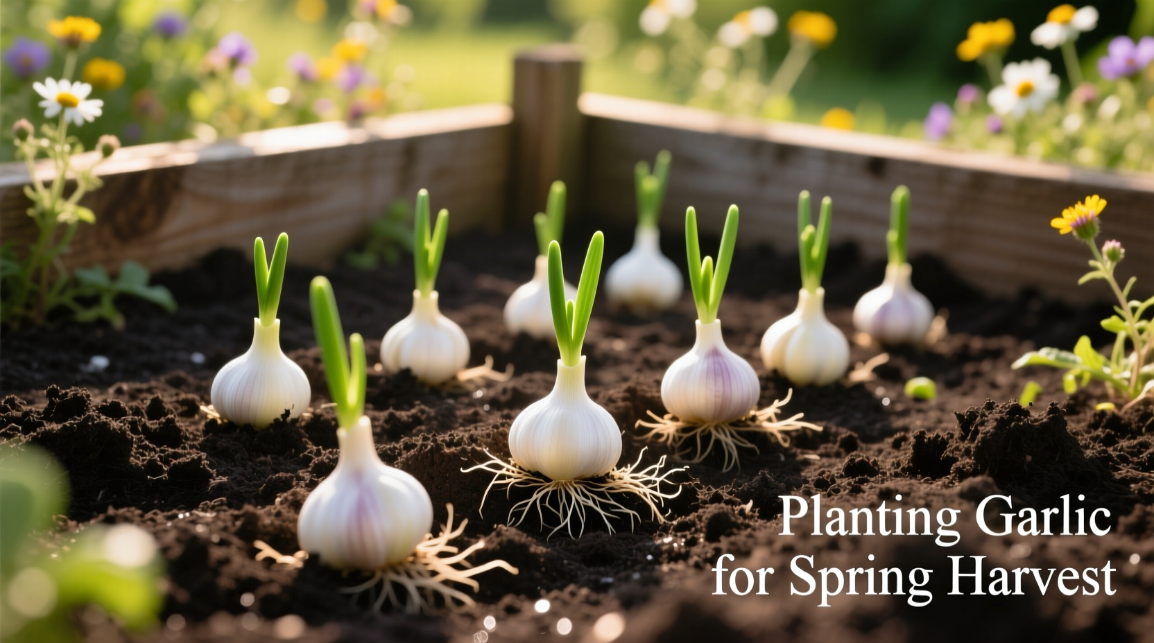 Garlic cloves properly spaced in garden soil