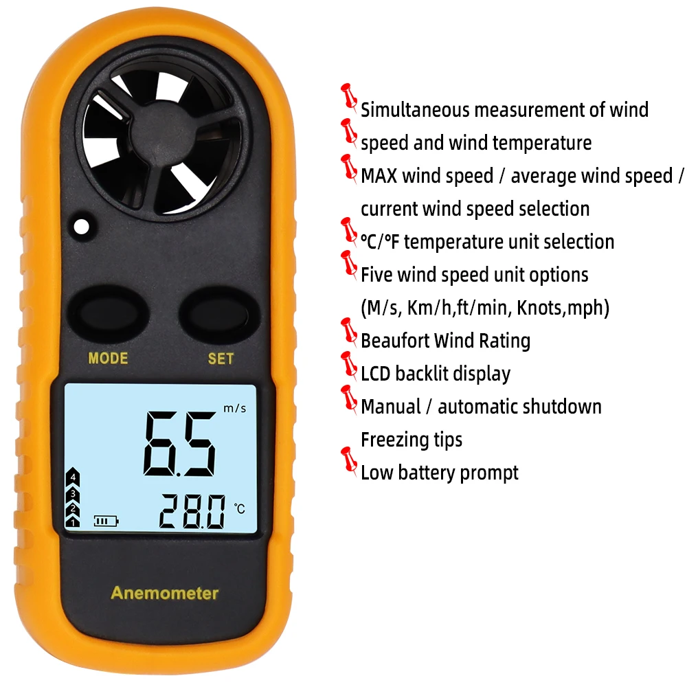 GM816 Digital Anemometer Wind Speed Meter Tester Air Velocity Airflow Temperature LCD Backlight Wind Speed Meter
