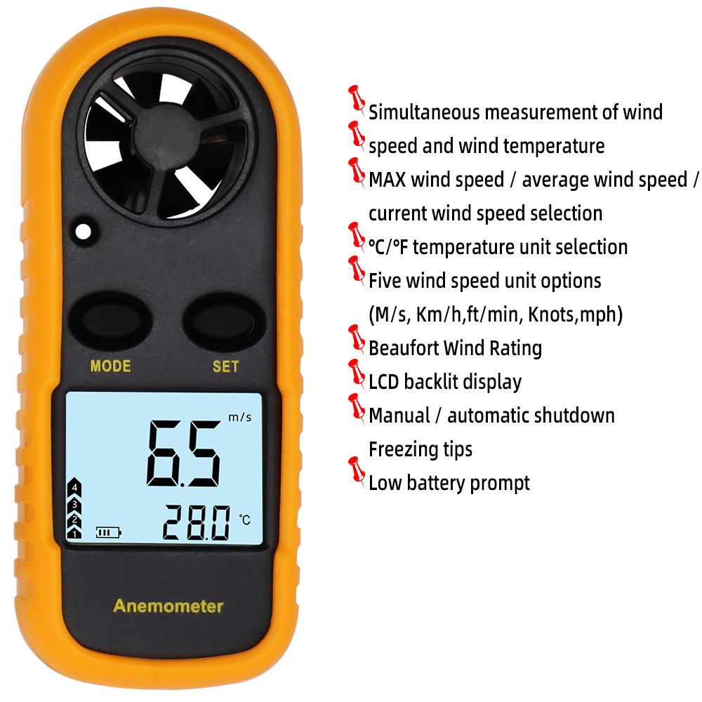 GM816 Digital Anemometer Wind Speed Meter Tester Air Velocity Airflow Temperature LCD Backlight Wind Speed Meter