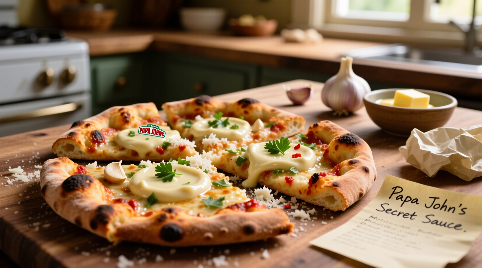 Homemade copycat Papa John's garlic sauce with pizza crusts