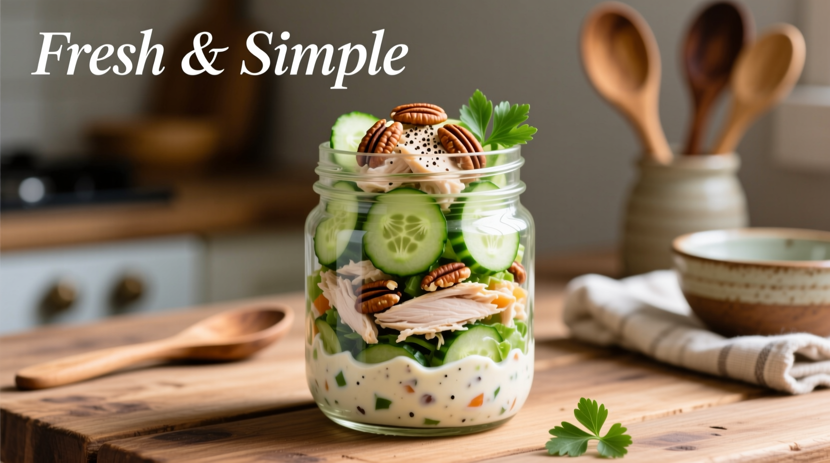 Creamy chicken salad in mason jar with cucumber and pecans