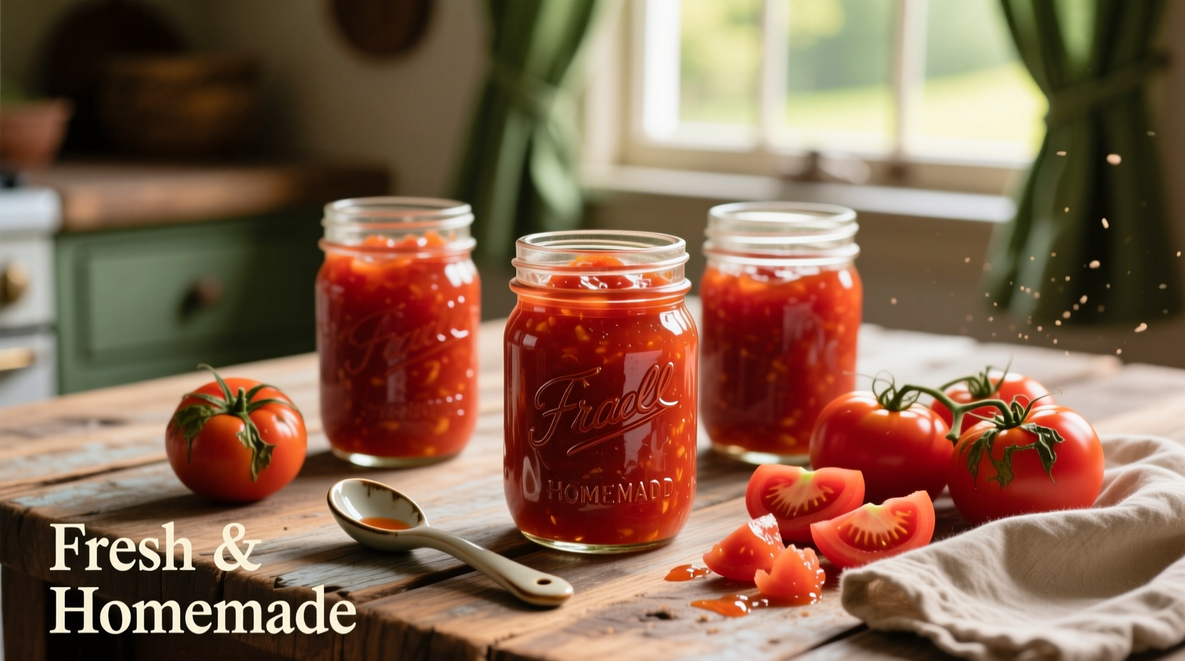 Homemade tomato jam in mason jars with fresh tomatoes