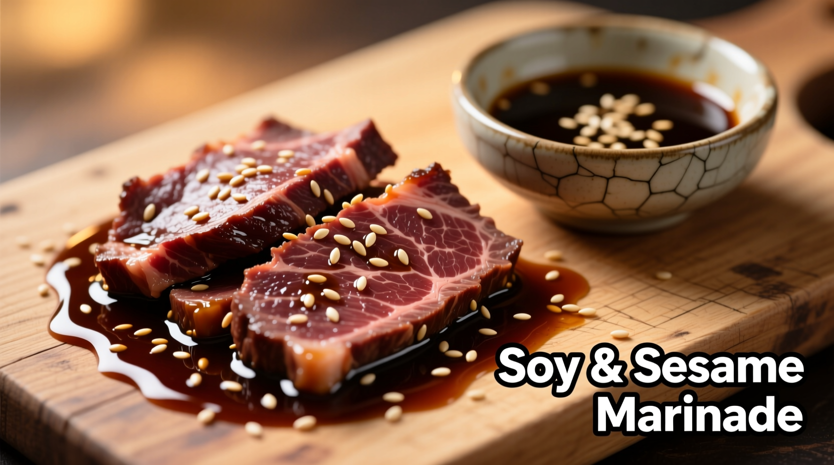 Sliced beef marinating in dark soy sauce mixture with sesame seeds