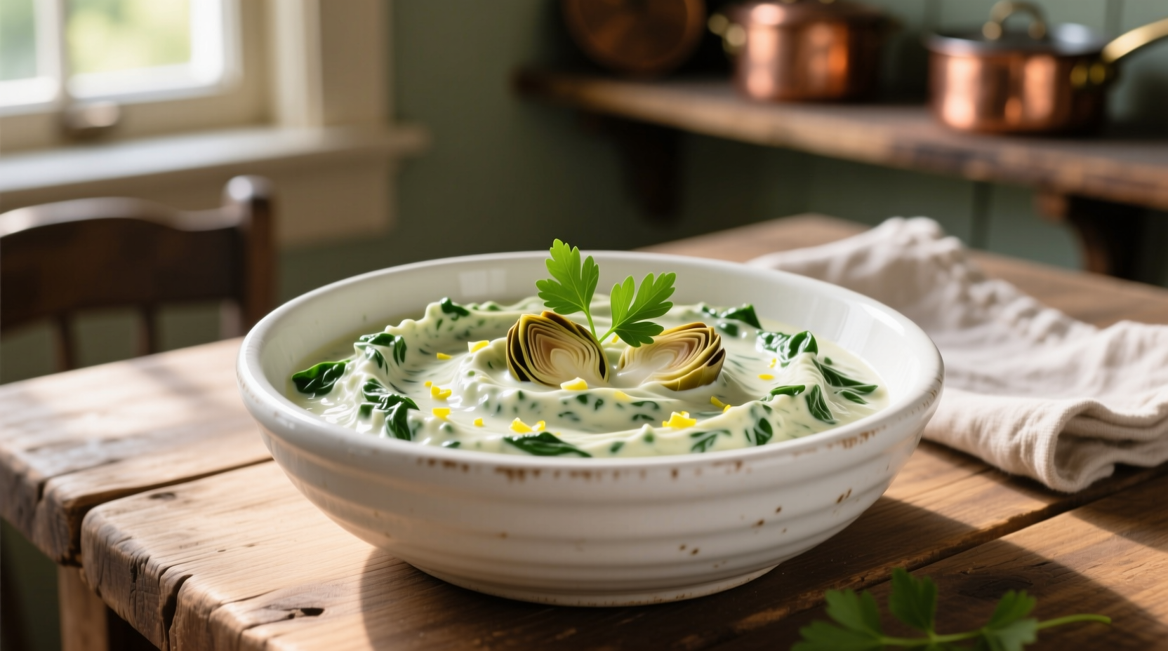 Creamy cold spinach artichoke dip in white bowl