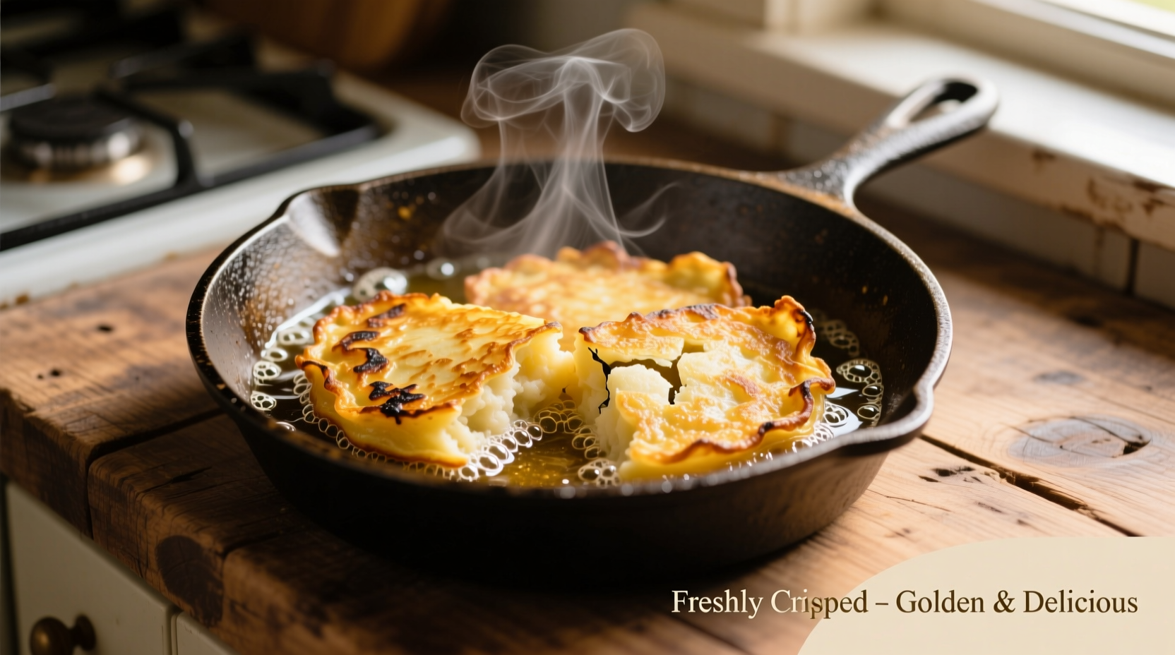 Golden potato pancakes sizzling in cast iron skillet