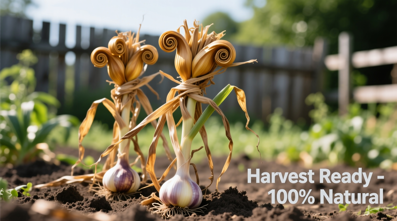 Garlic plants showing harvest readiness indicators