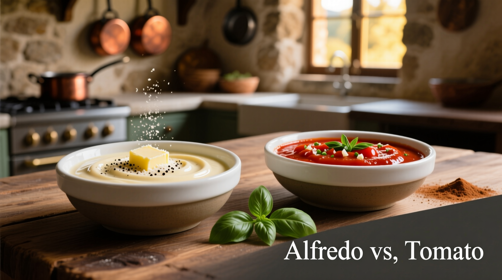 Alfredo and tomato sauce side by side comparison
