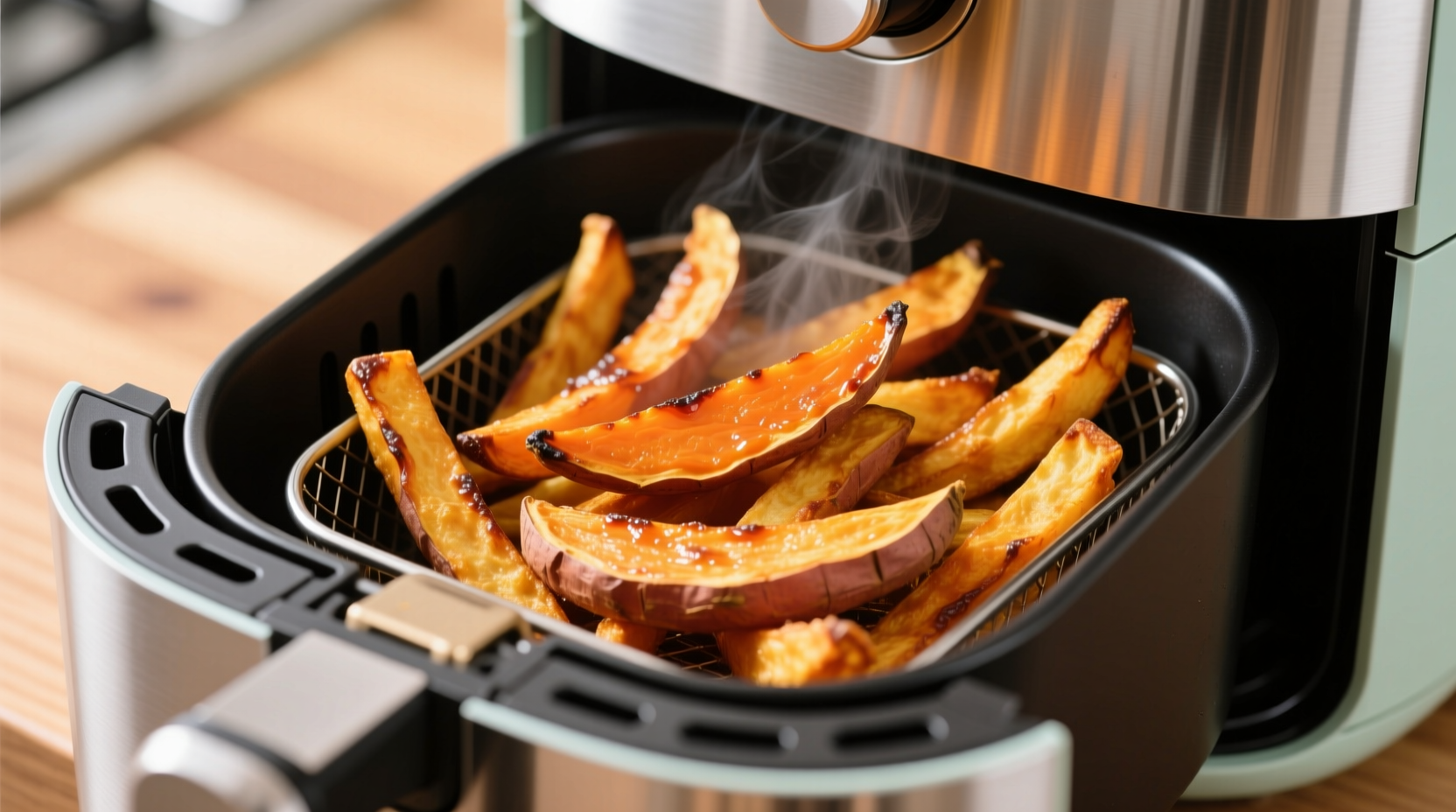 Golden brown sweet potato fries in air fryer basket