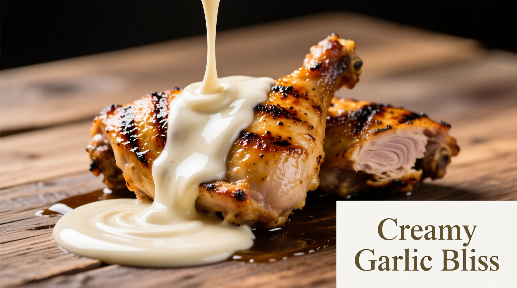 Creamy garlic sauce being poured over grilled chicken