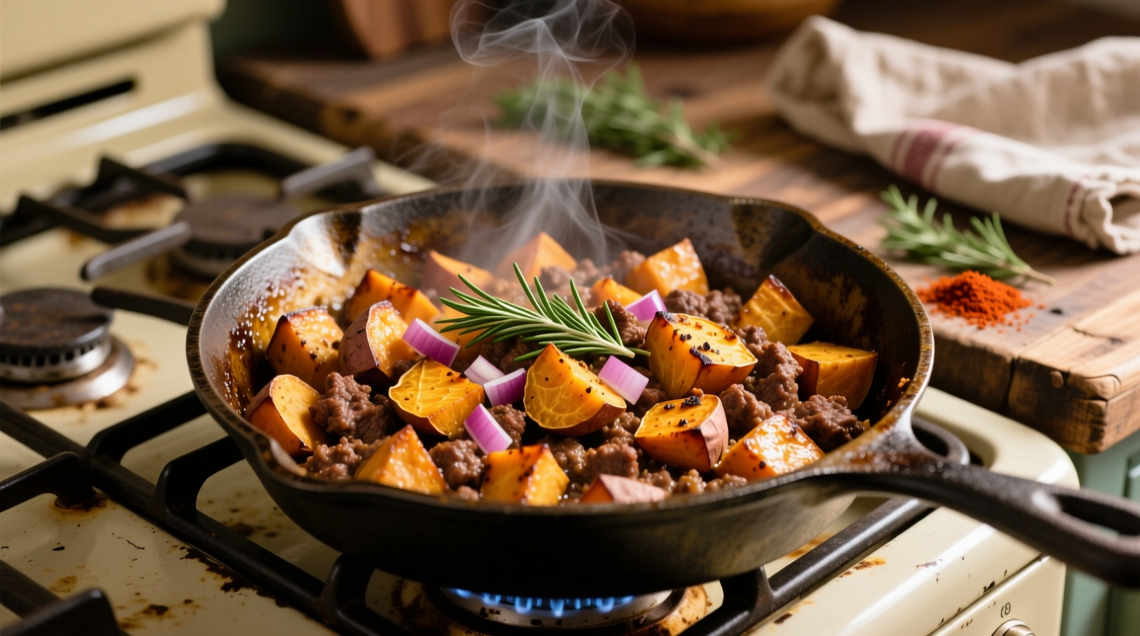 Golden brown sweet potato hash with ground beef in cast iron skillet